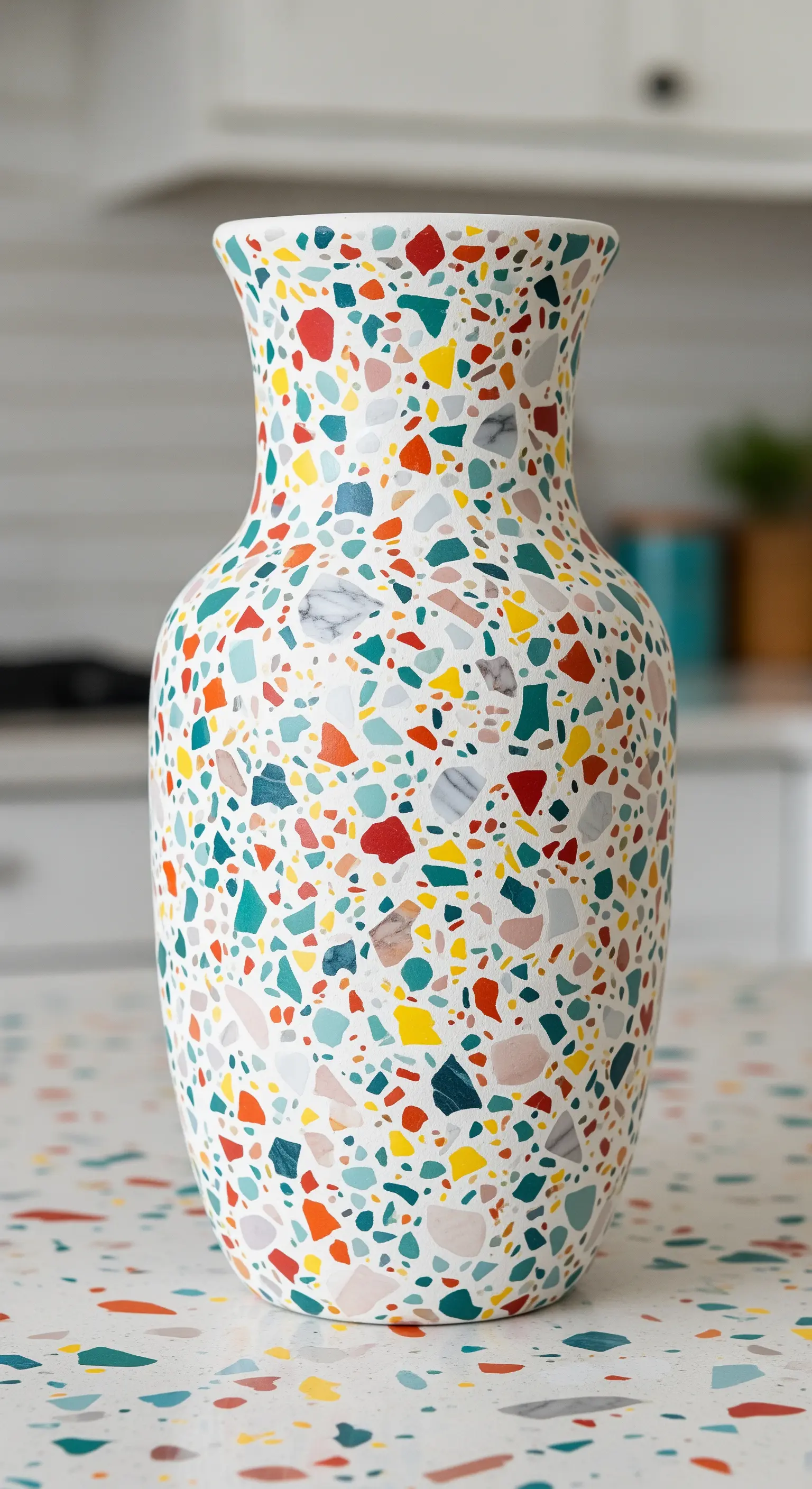 Vaso in ceramica bianca con un mosaico colorato a effetto terrazzo, posato su un piano coordinato.