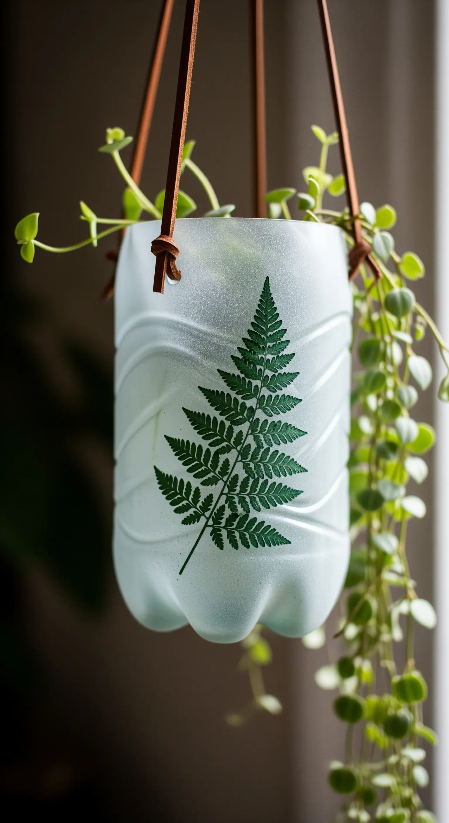 Fioriera in plastica con finitura effetto vetro smerigliato e una stampa di foglia di felce.