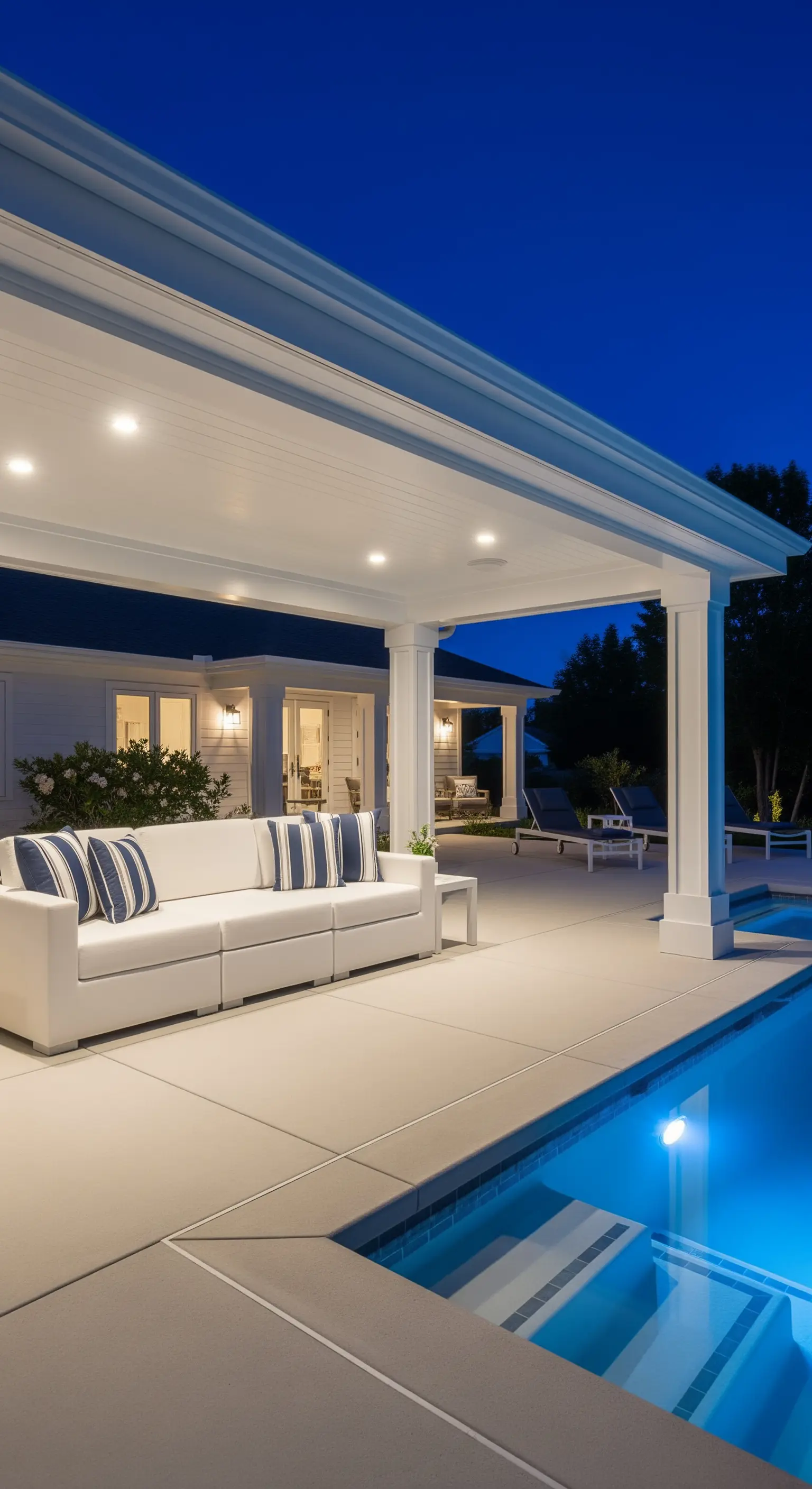Portico a bordo piscina con colonne bianche, divano bianco e cuscini a righe blu