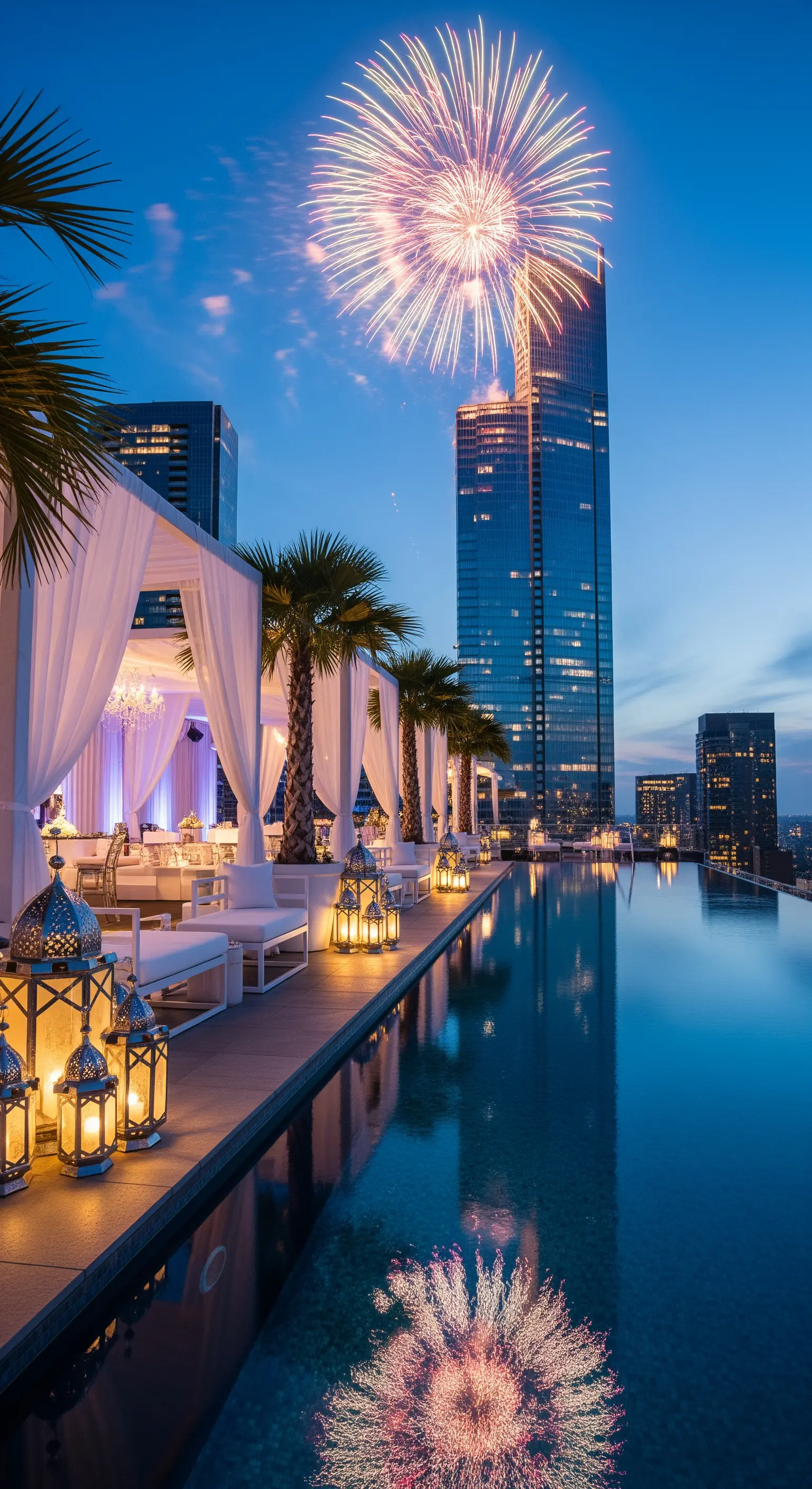 Ricevimento a bordo piscina su un rooftop con lanterne, arredi bianchi e fuochi d'artificio