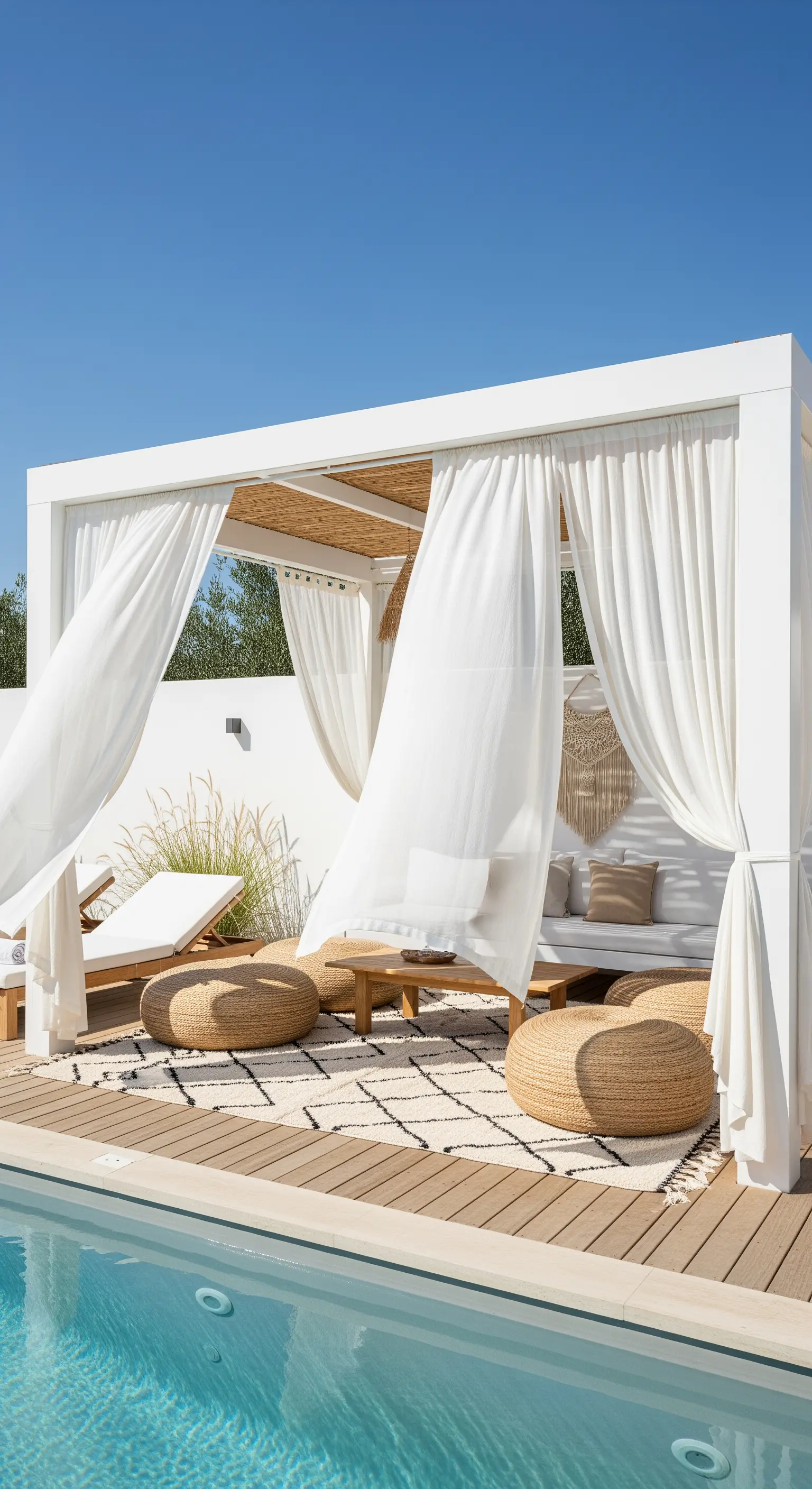 Gazebo bianco a bordo piscina con tende fluttuanti, divano e pouf rotondi.