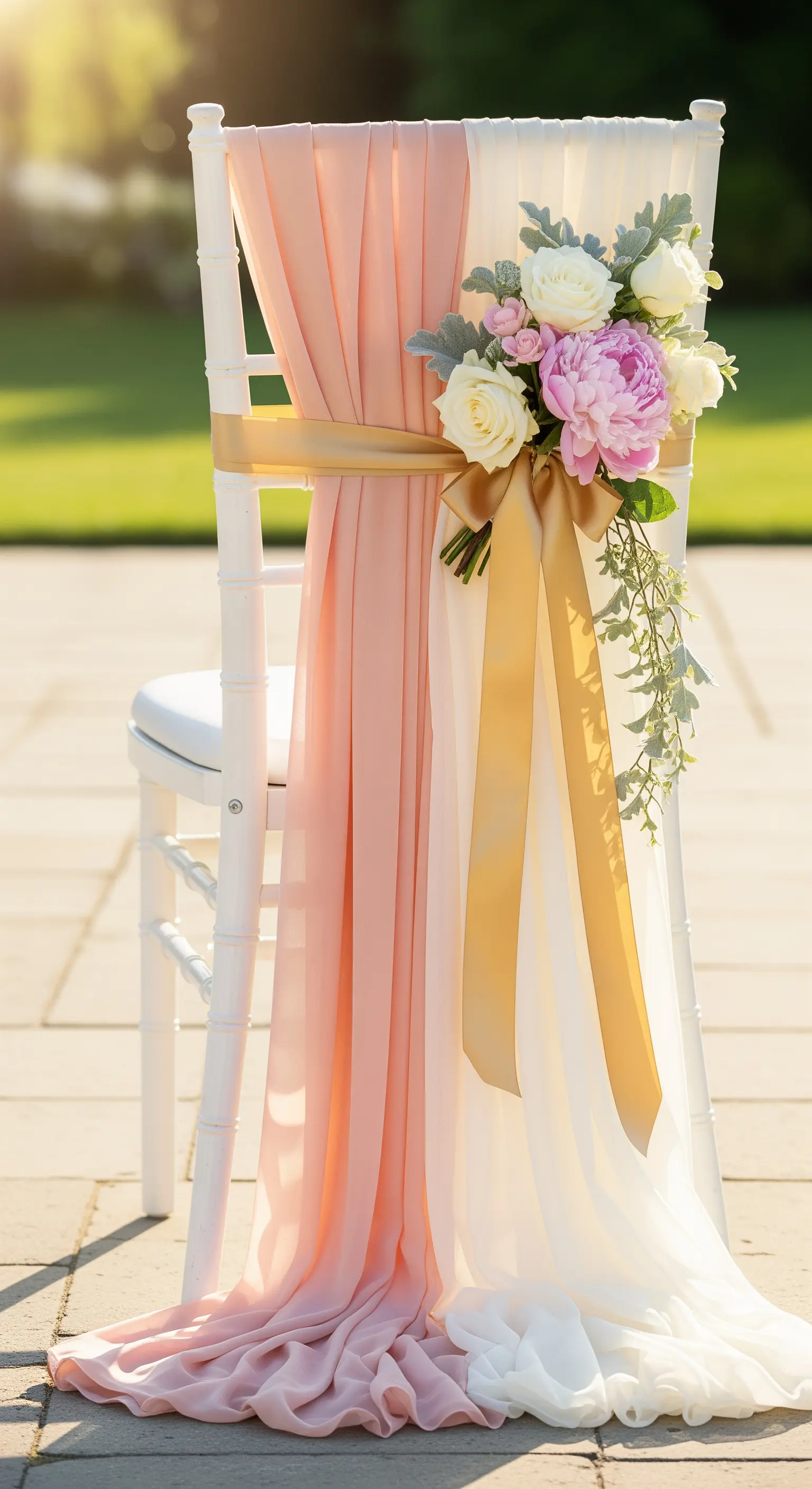 Sedia bianca decorata con drappeggio in chiffon rosa e bianco, nastro dorato e fiori freschi.