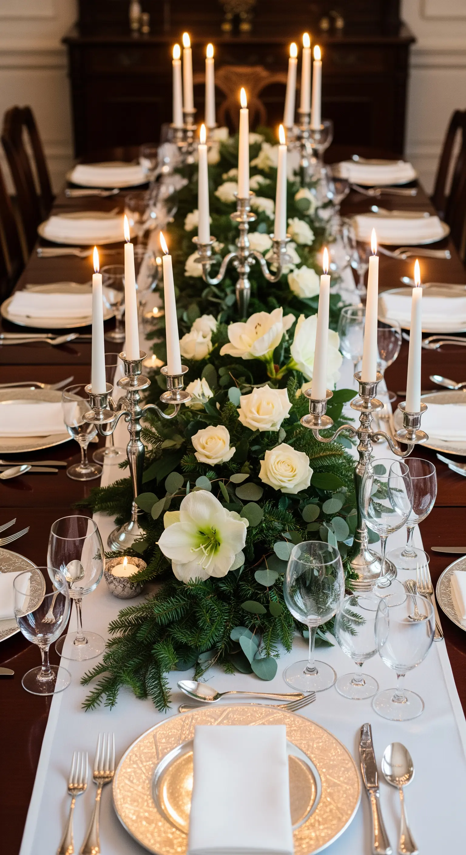 Tavola di Natale formale con runner di abete, rose bianche e alti candelabri in argento.