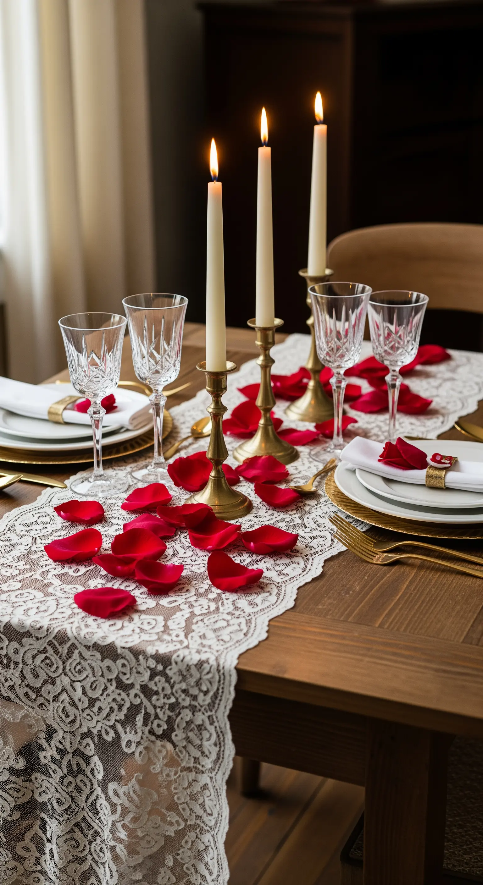 Tavola di San Valentino con runner in pizzo, petali rossi e candelabri dorati.