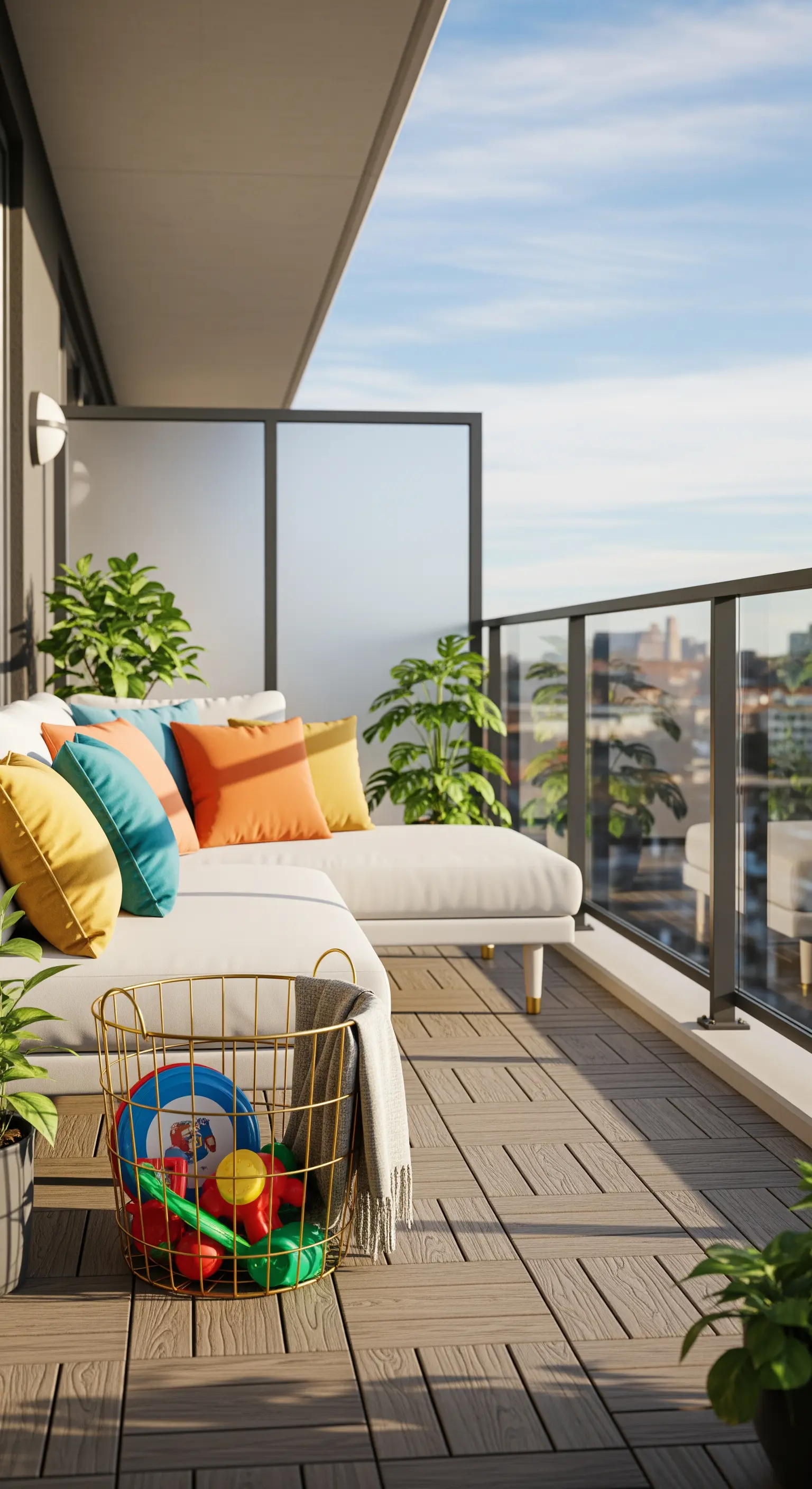 Balcone con divano bianco, cuscini colorati e un cesto dorato pieno di giocattoli.