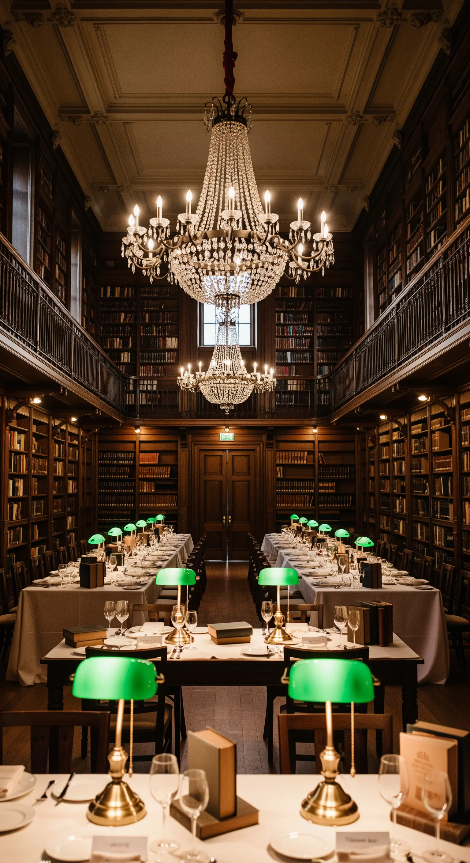 Ricevimento di nozze in una biblioteca storica, con chandelier e lampade da lettura verdi sui tavoli.