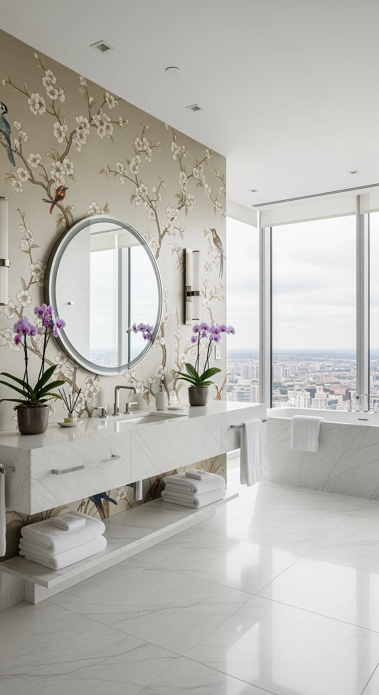 Bagno di lusso con carta da parati Chinoiserie, arredi in marmo e vista panoramica sulla città.