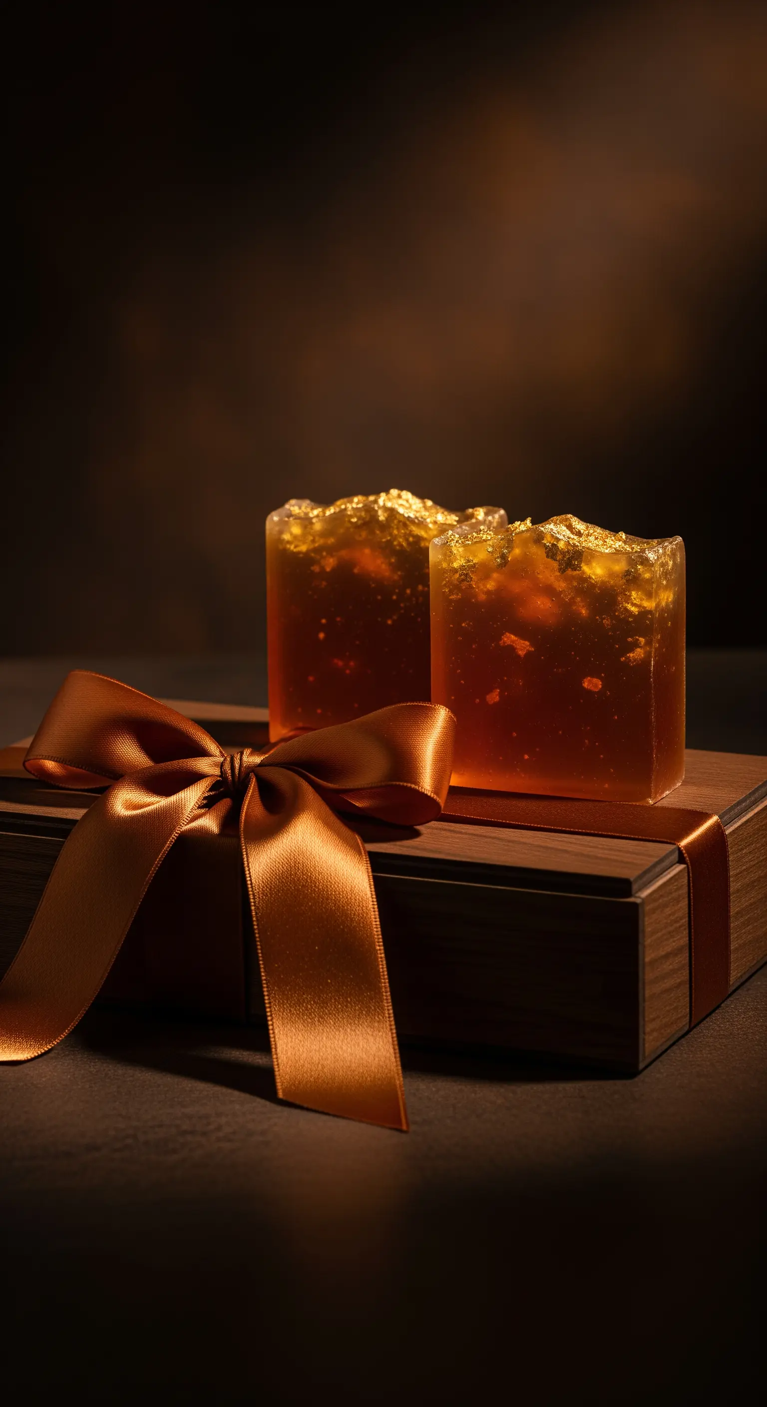 Saponi color ambra con pagliuzze dorate, presentati con un fiocco di raso color bronzo.