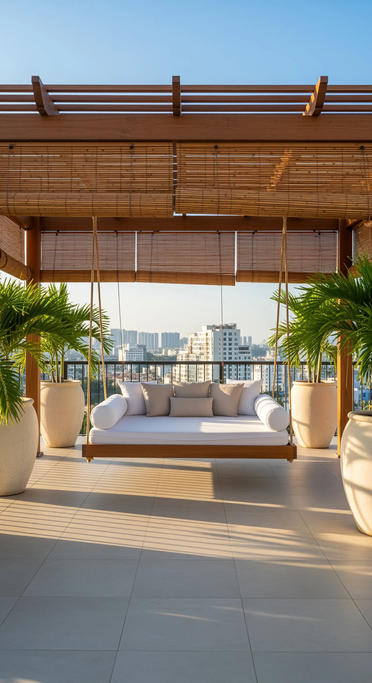 Grande daybed sospeso sotto una pergola in legno su una terrazza soleggiata.