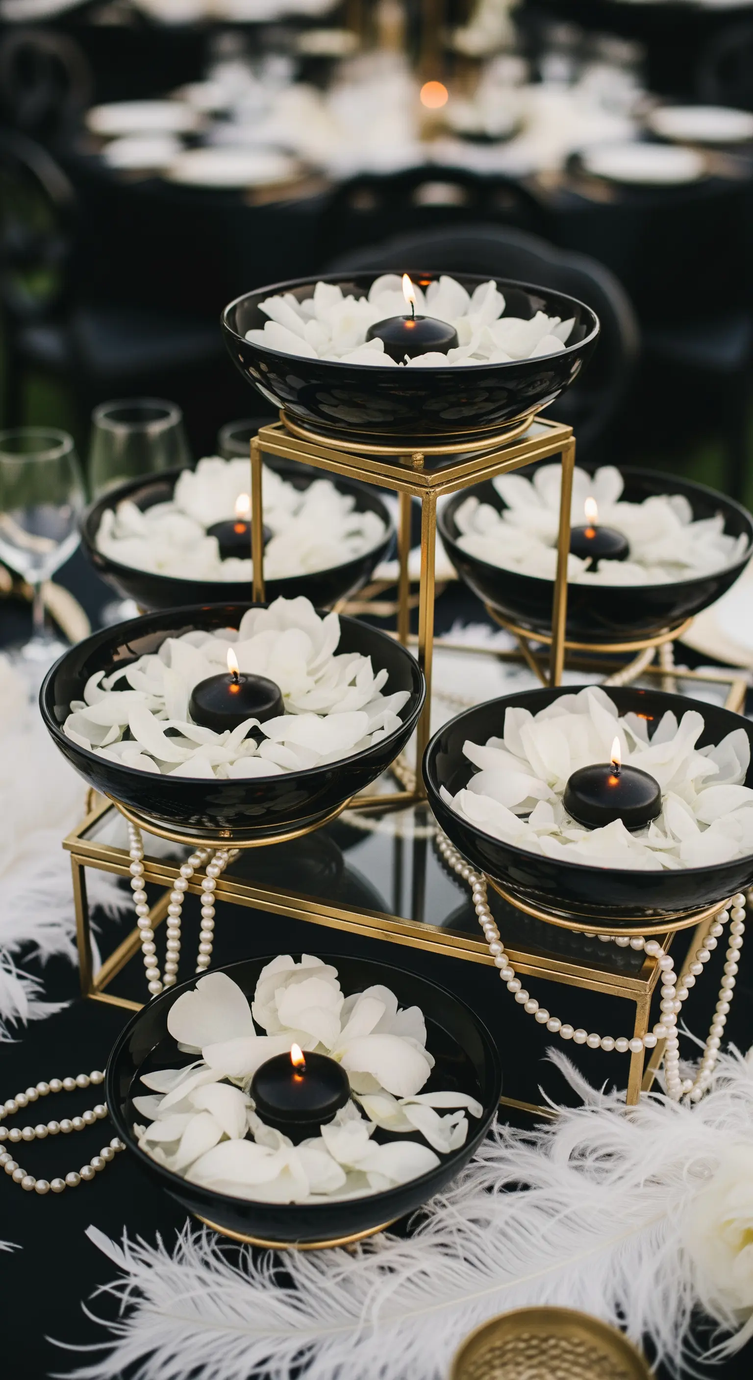 Alzata dorata con ciotole nere, petali bianchi, candele nere, perle e piume.