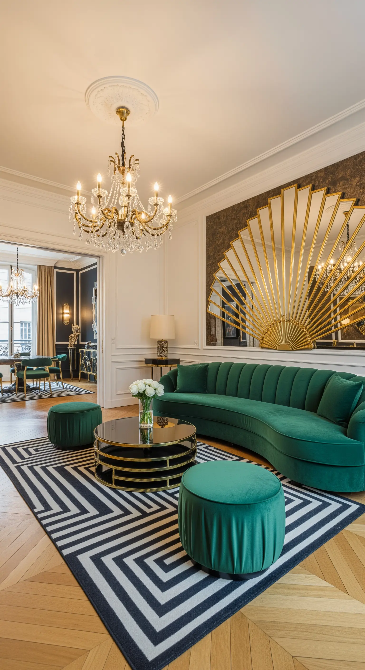 Soggiorno Art Déco con divano curvo in velluto verde, tappeto geometrico e specchio dorato a ventaglio.