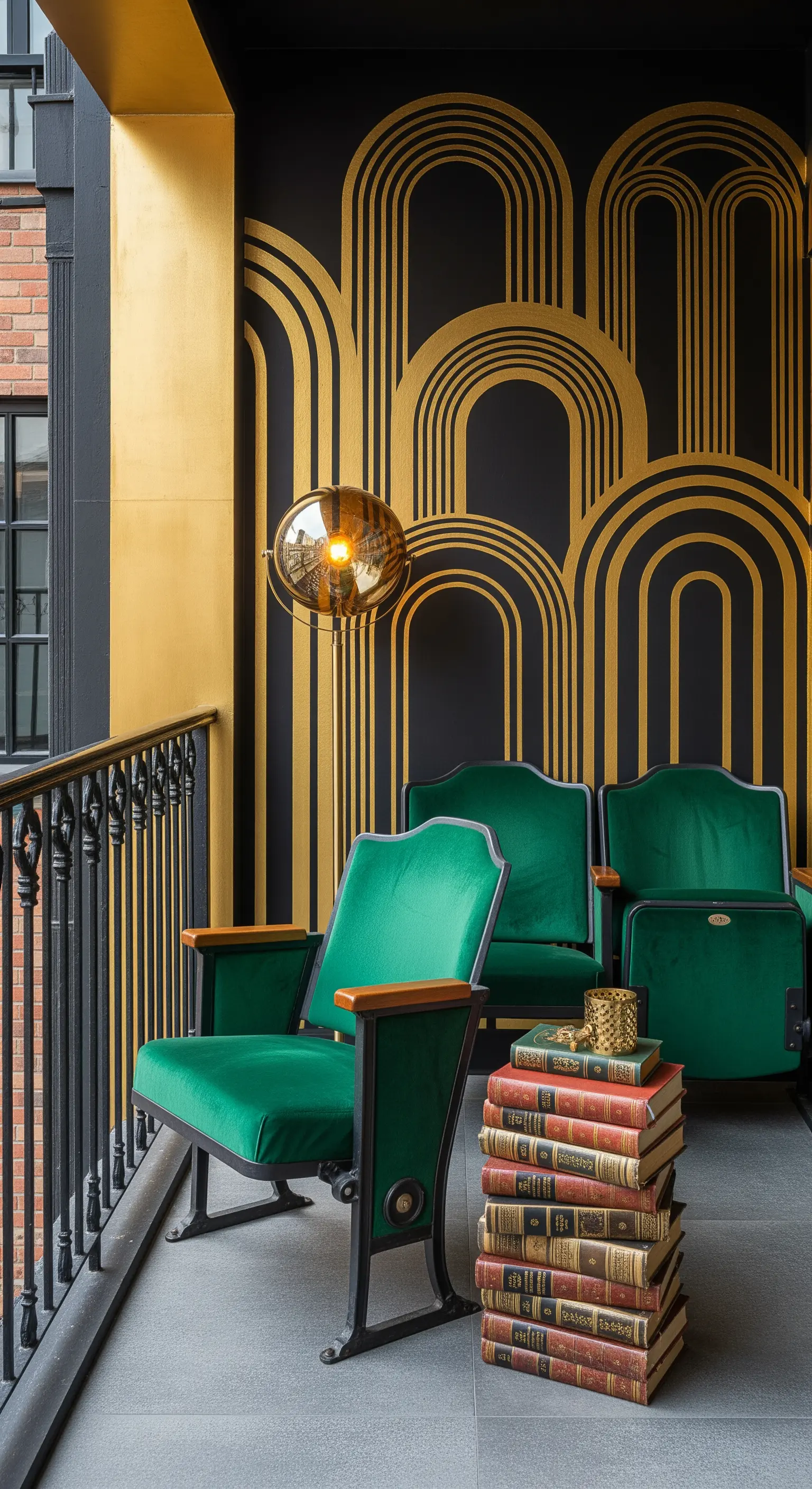Balcone in stile Art Déco con murale nero e oro e poltrone da cinema in velluto verde.