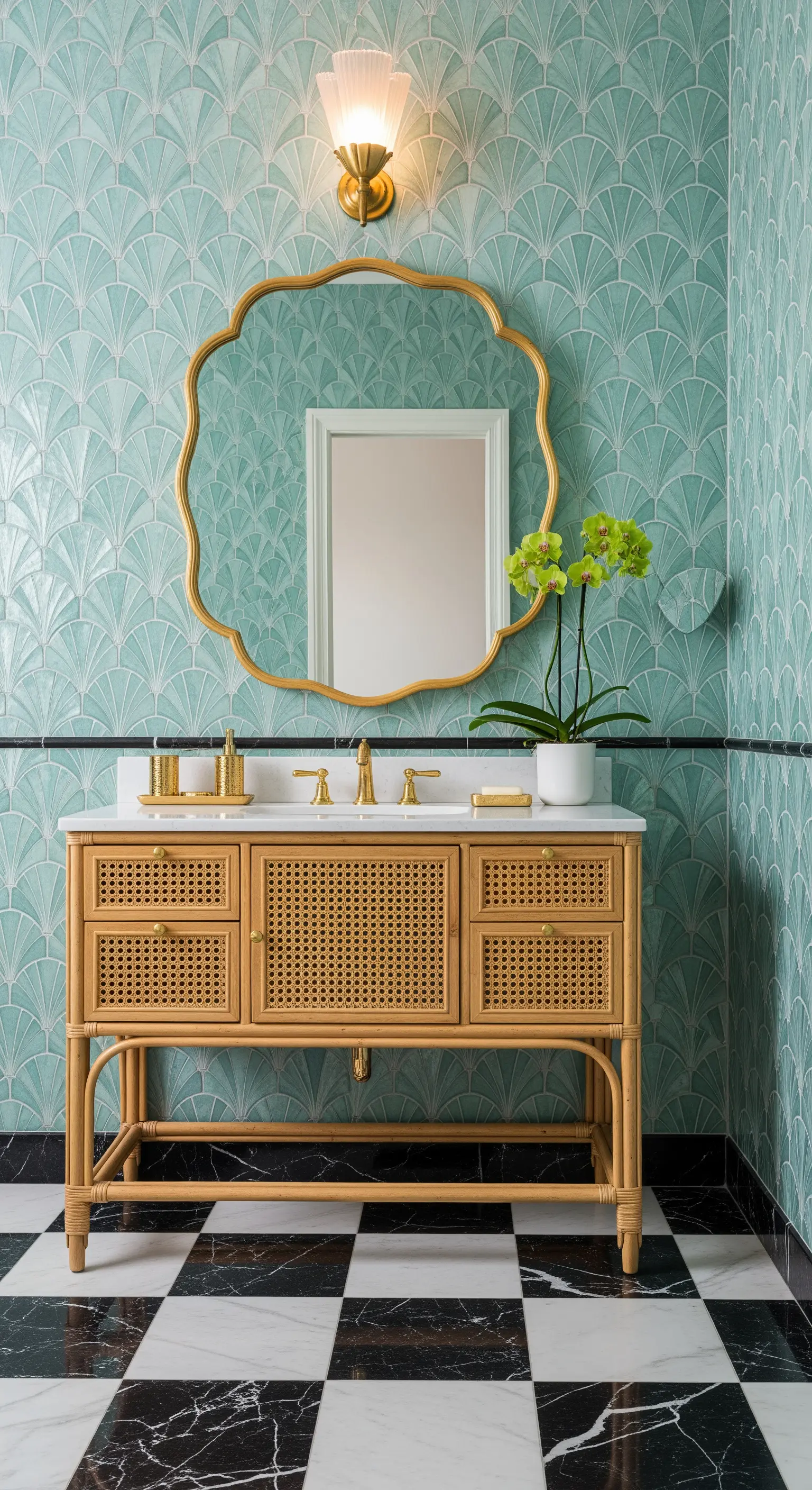 Mobile in rattan, pavimento a scacchiera e parete con piastrelle a ventaglio verde acqua.