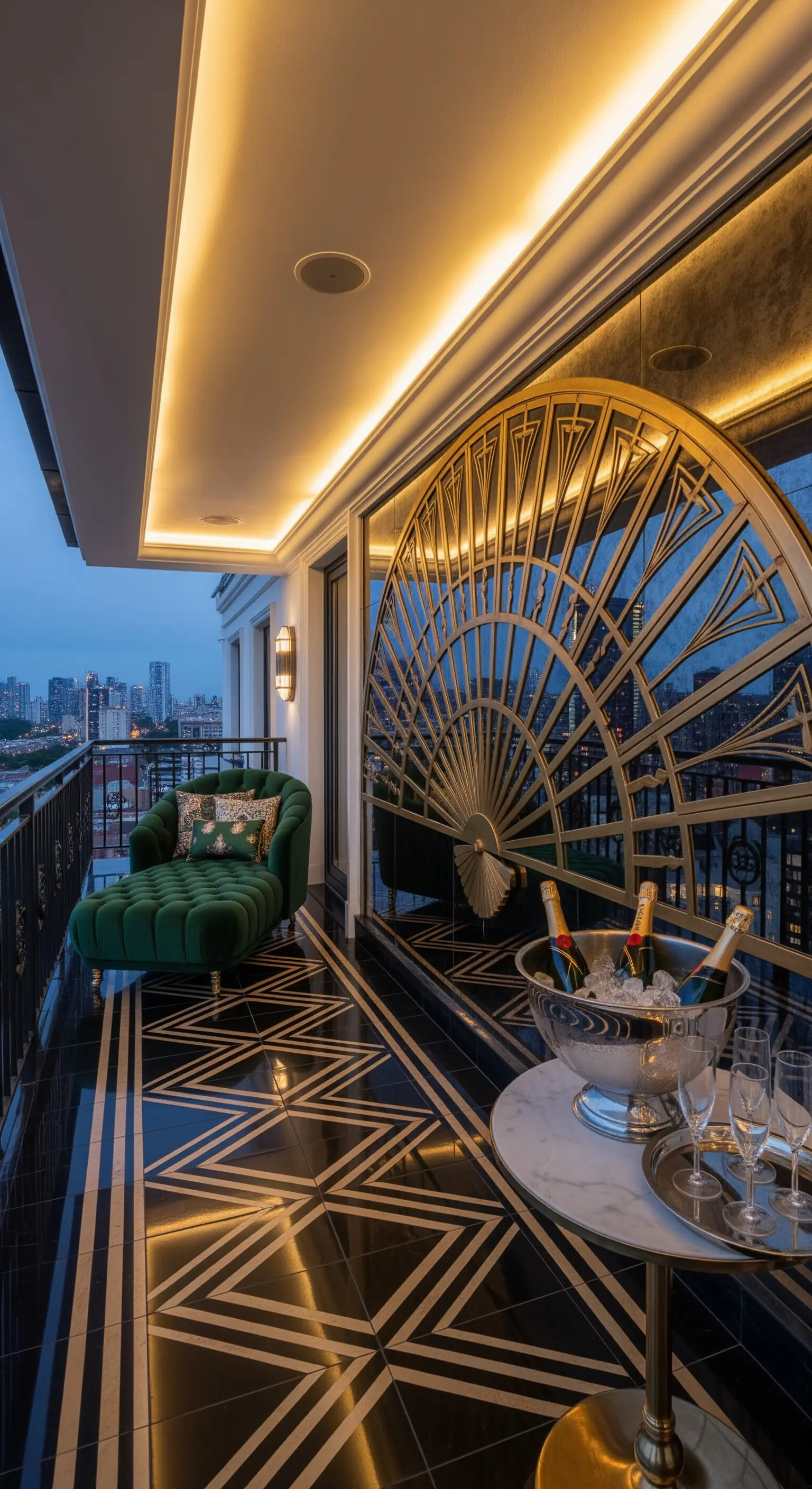 Balcone in stile Art Déco con paravento-specchio dorato, pavimento geometrico e chaise longue in velluto.