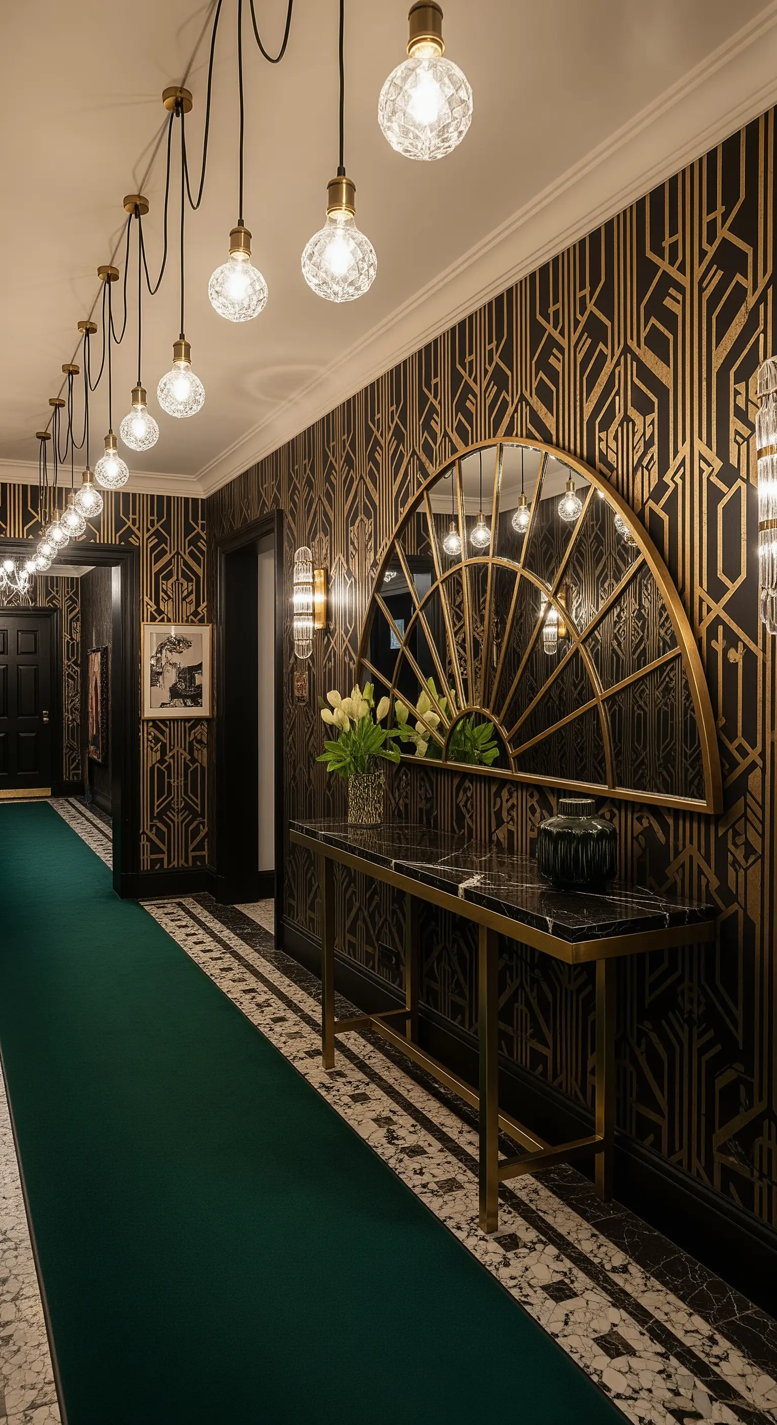 Corridoio Art Déco con carta da parati geometrica, specchio dorato e lampade a globo.