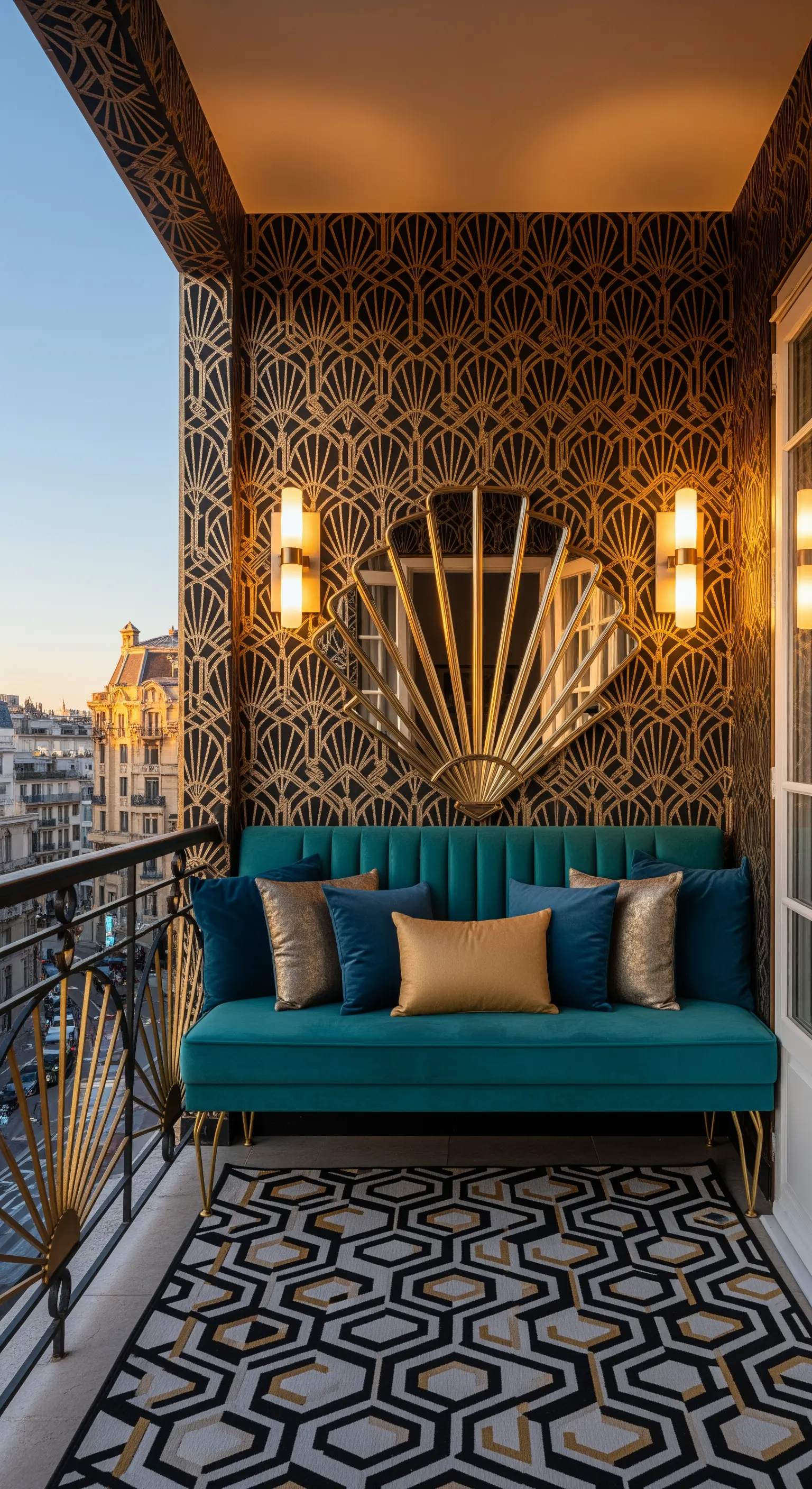 Balcone in stile Art Déco con carta da parati geometrica, divano in velluto e specchio dorato a ventaglio.