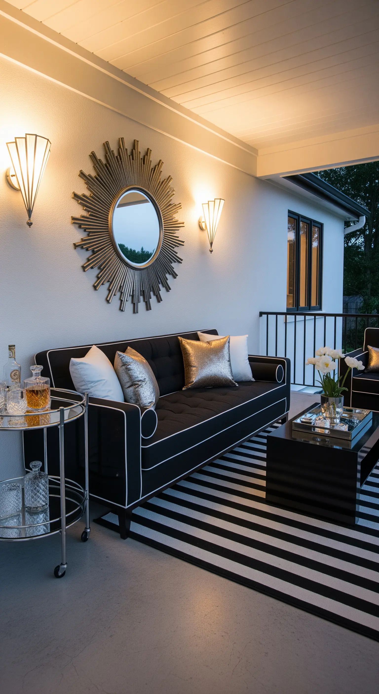 Portico Art Déco con divano nero, specchio a raggiera dorato e tappeto a righe.