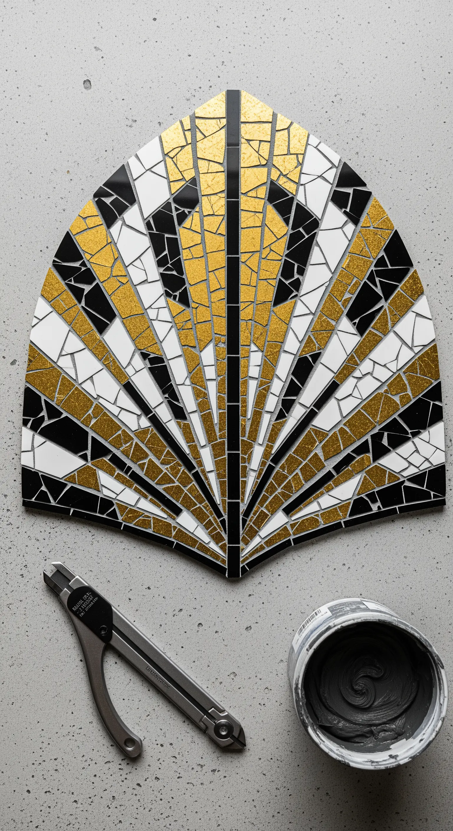 Mosaico a ventaglio in stile Art Déco con tessere nere, bianche e dorate glitterate.