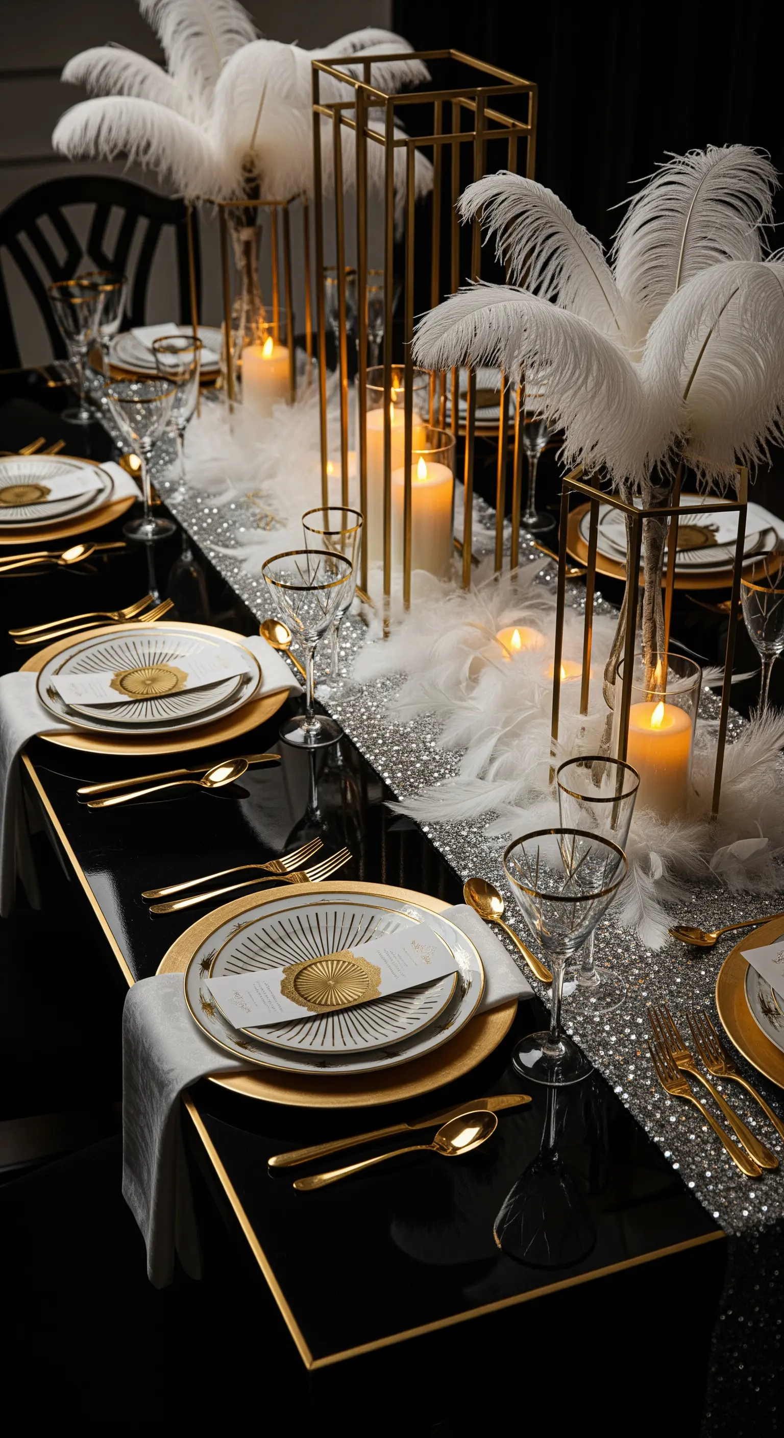 Tavola di compleanno in stile Grande Gatsby con piume bianche, runner di paillettes e dettagli oro.