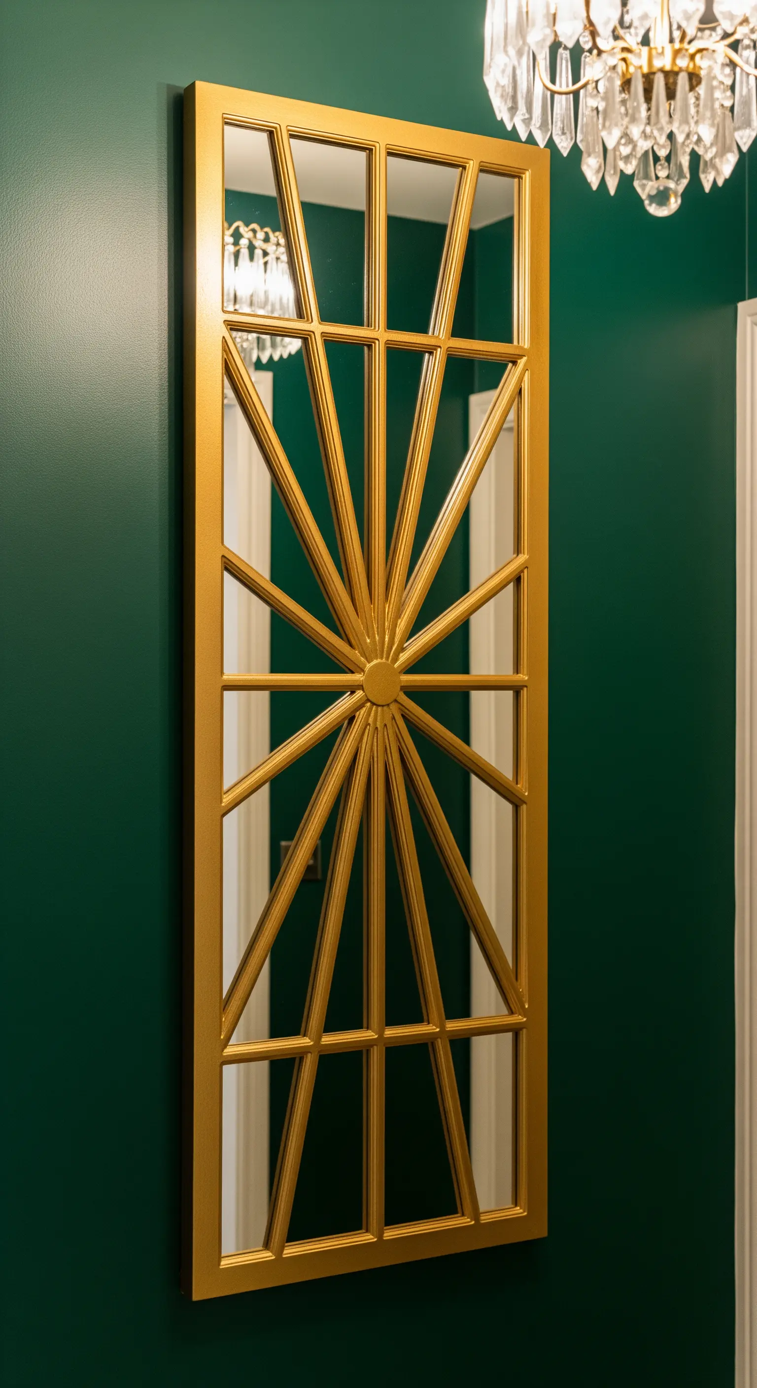 Specchio-finestra verticale con motivo a raggiera dorato su una parete verde scuro.