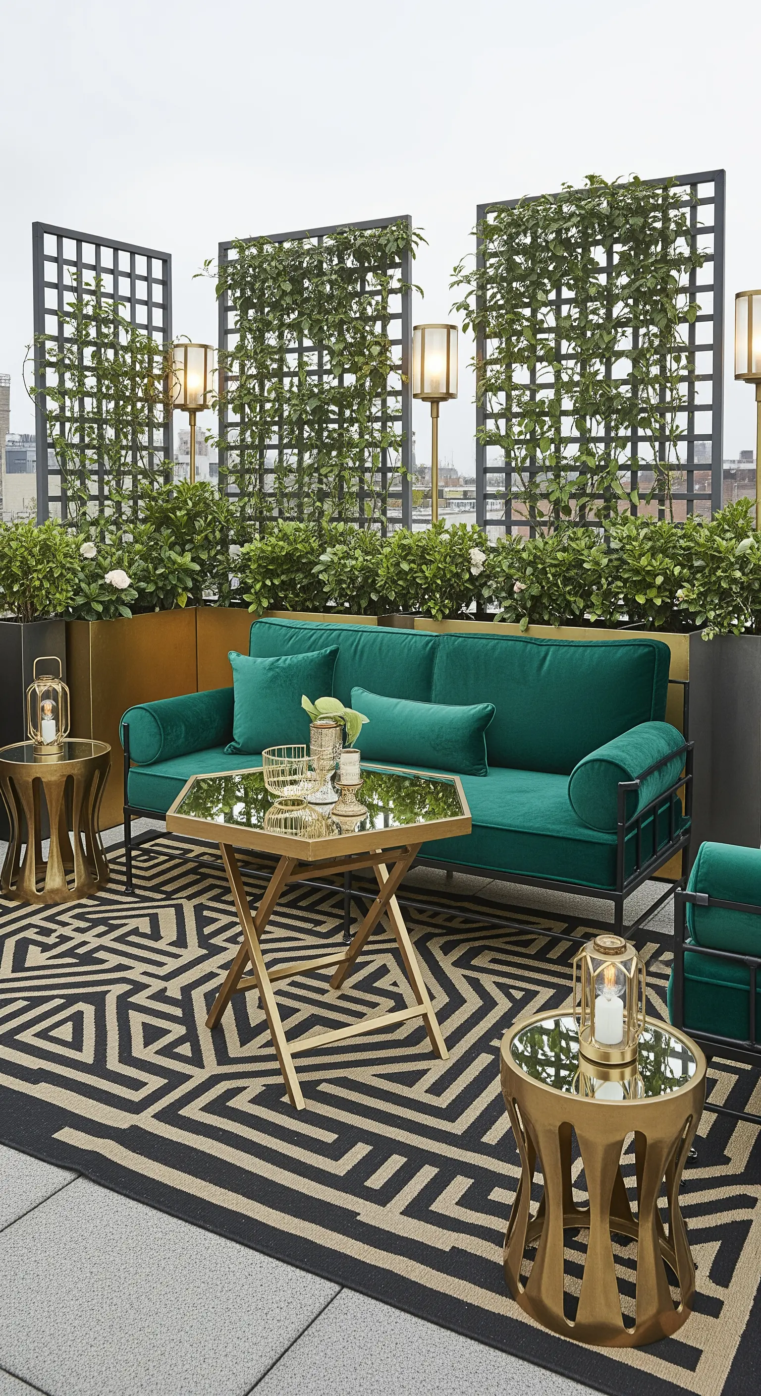 Terrazza in stile Art Déco con divano in velluto verde, dettagli dorati e tappeto geometrico