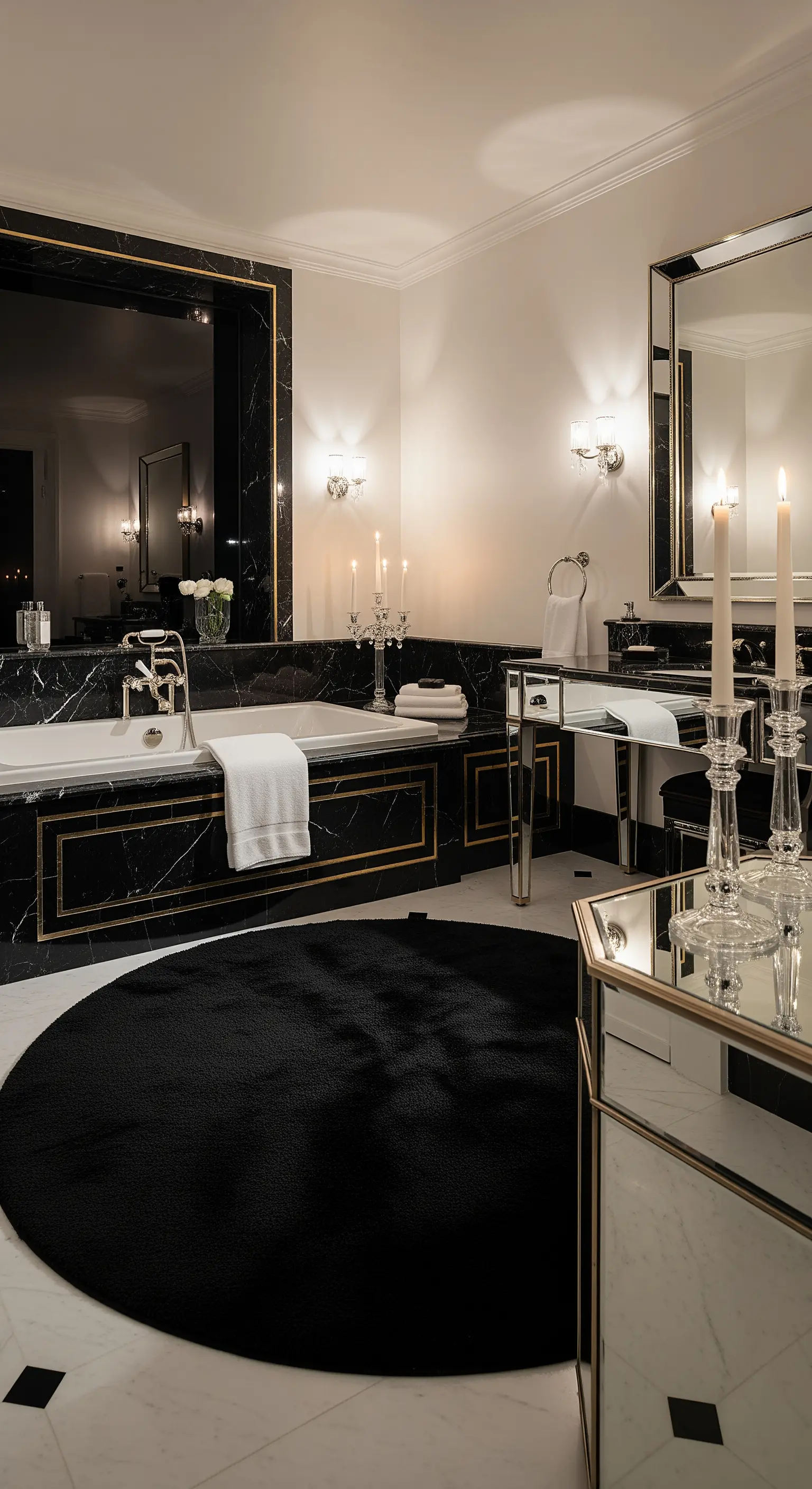 Bagno di lusso con marmo nero, dettagli dorati, mobili a specchio e tappeto nero rotondo.