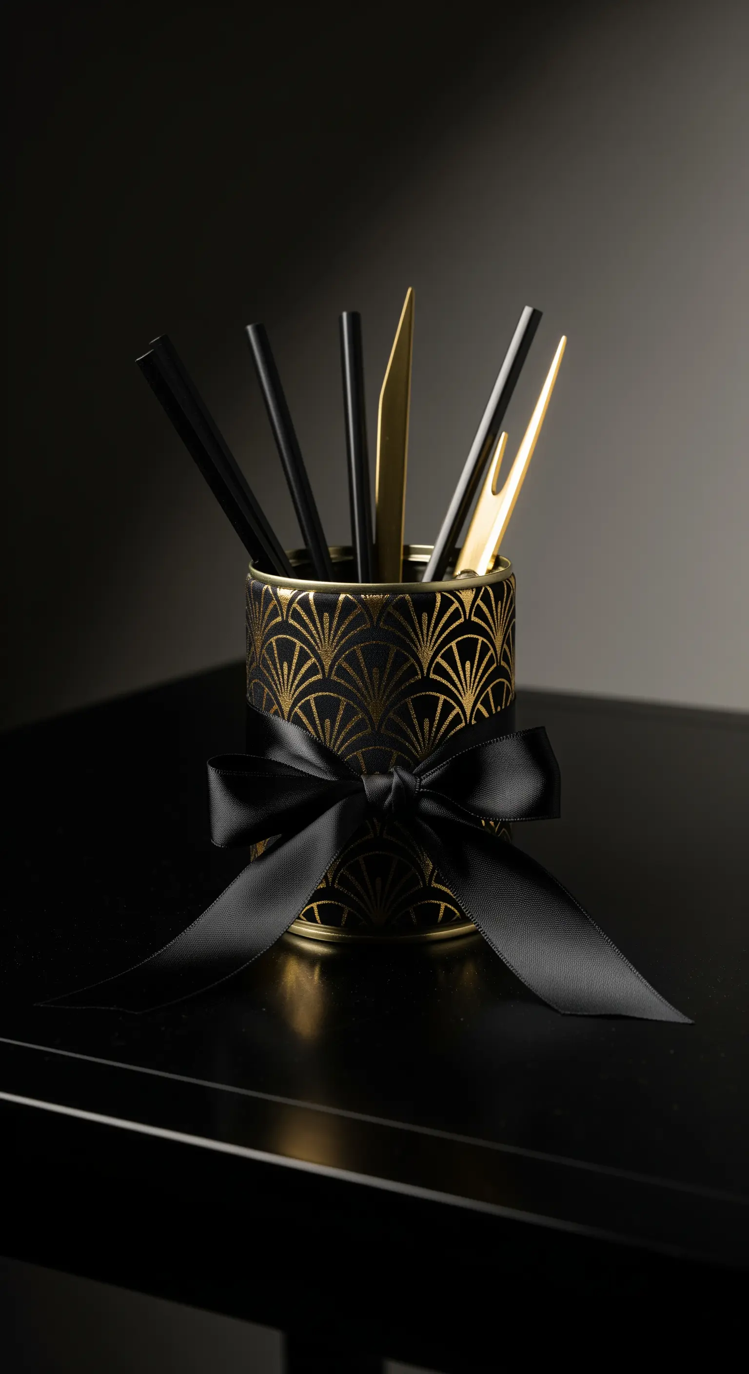 Portapenne nero con un motivo Art Déco dorato e un fiocco di raso nero.