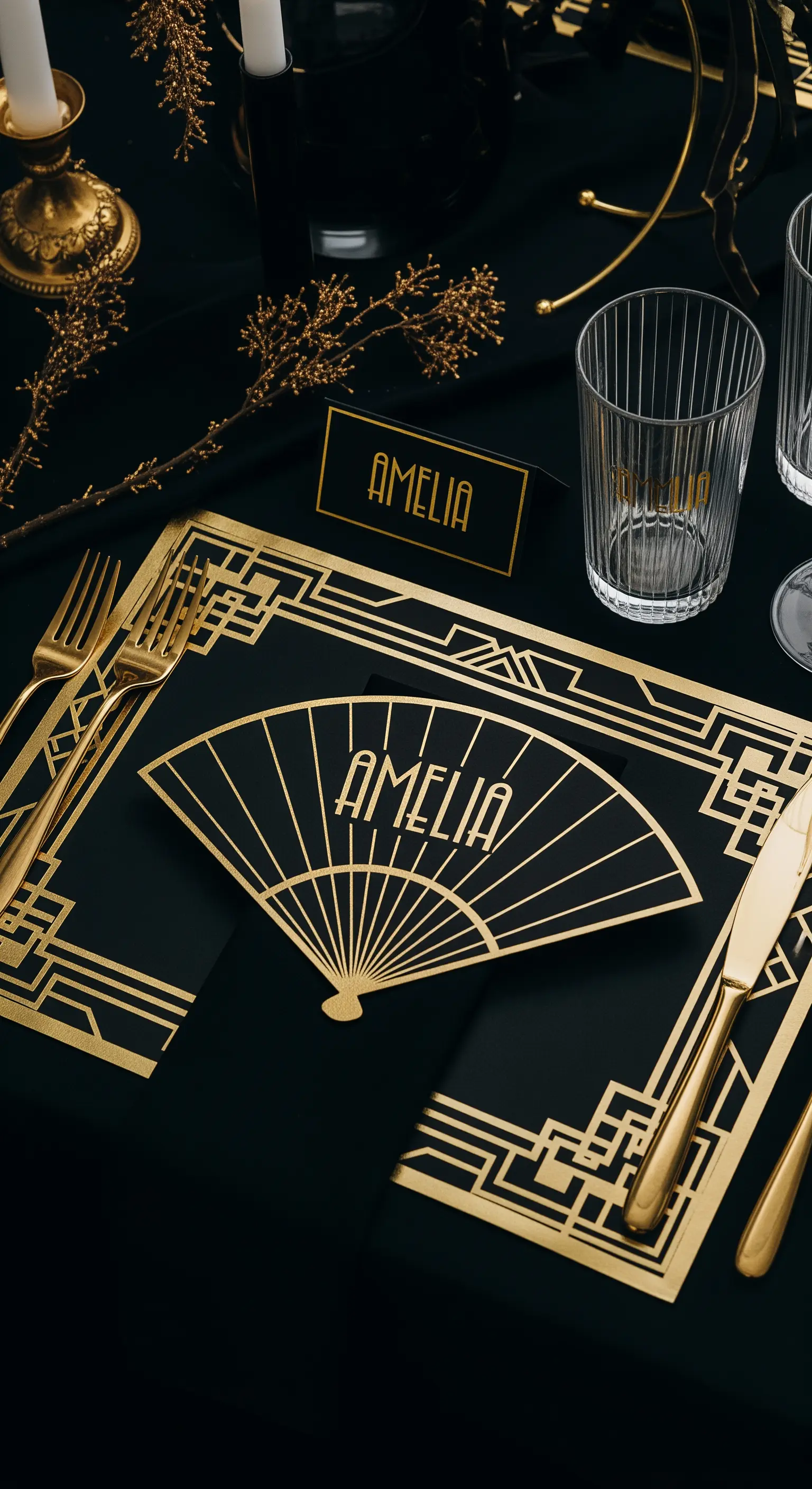 Tavola in stile Art Déco con tovaglietta geometrica nera e oro e ventaglio personalizzato