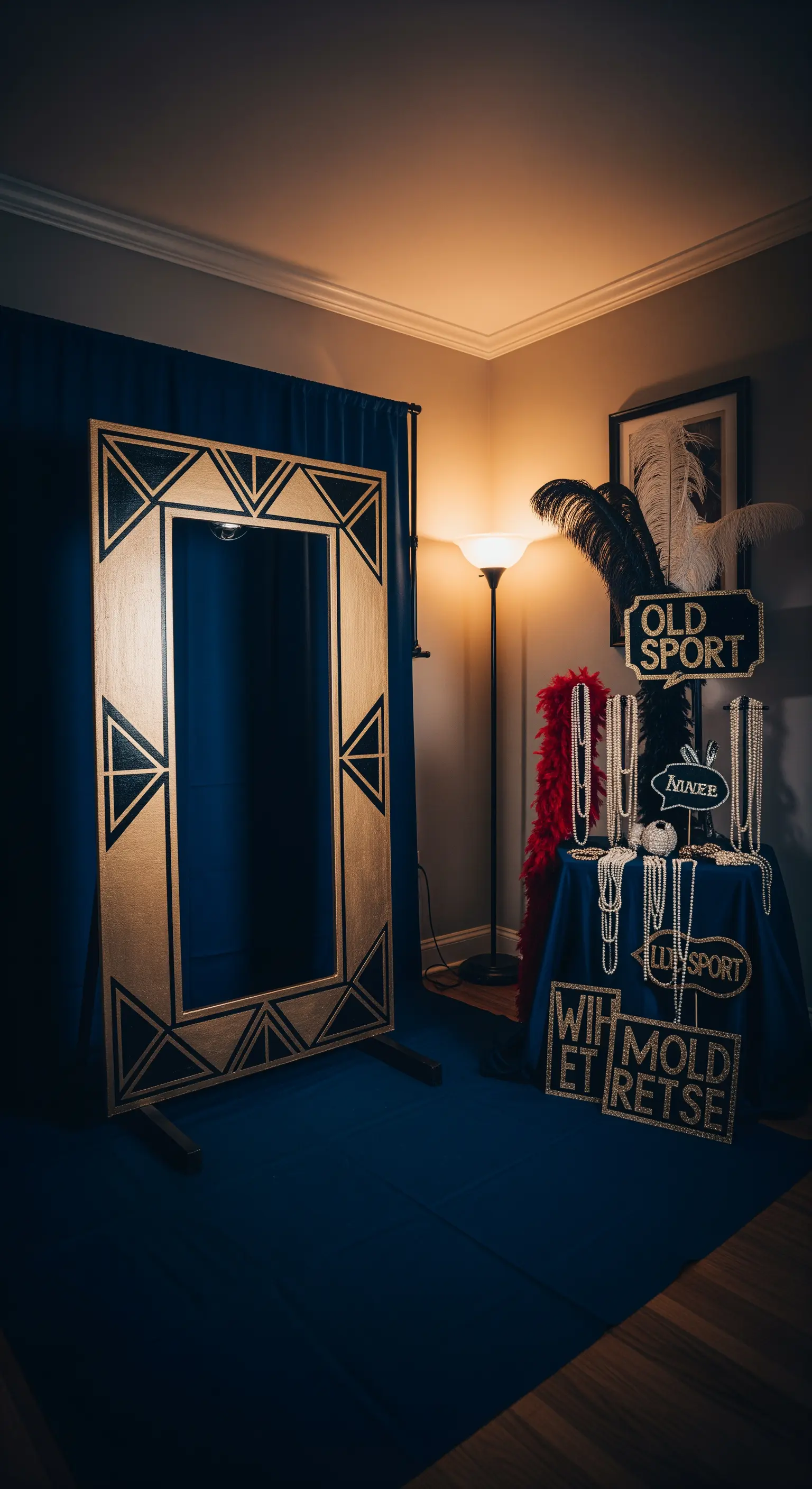 Grande cornice dorata e nera in stile Art Déco per un photobooth a tema anni '20.