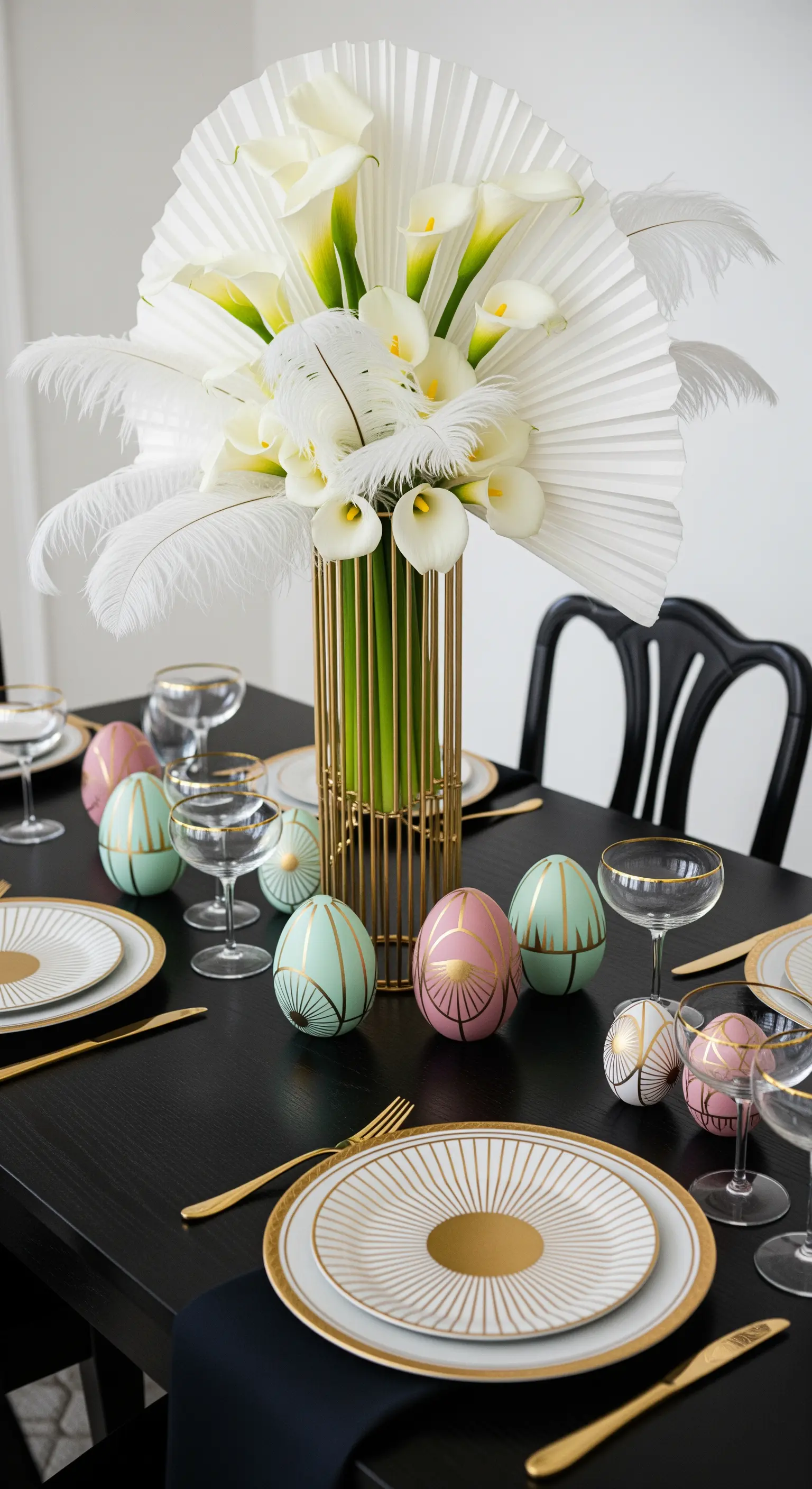 Tavola pasquale in stile Art Déco con calle, piume e uova con decori geometrici dorati.