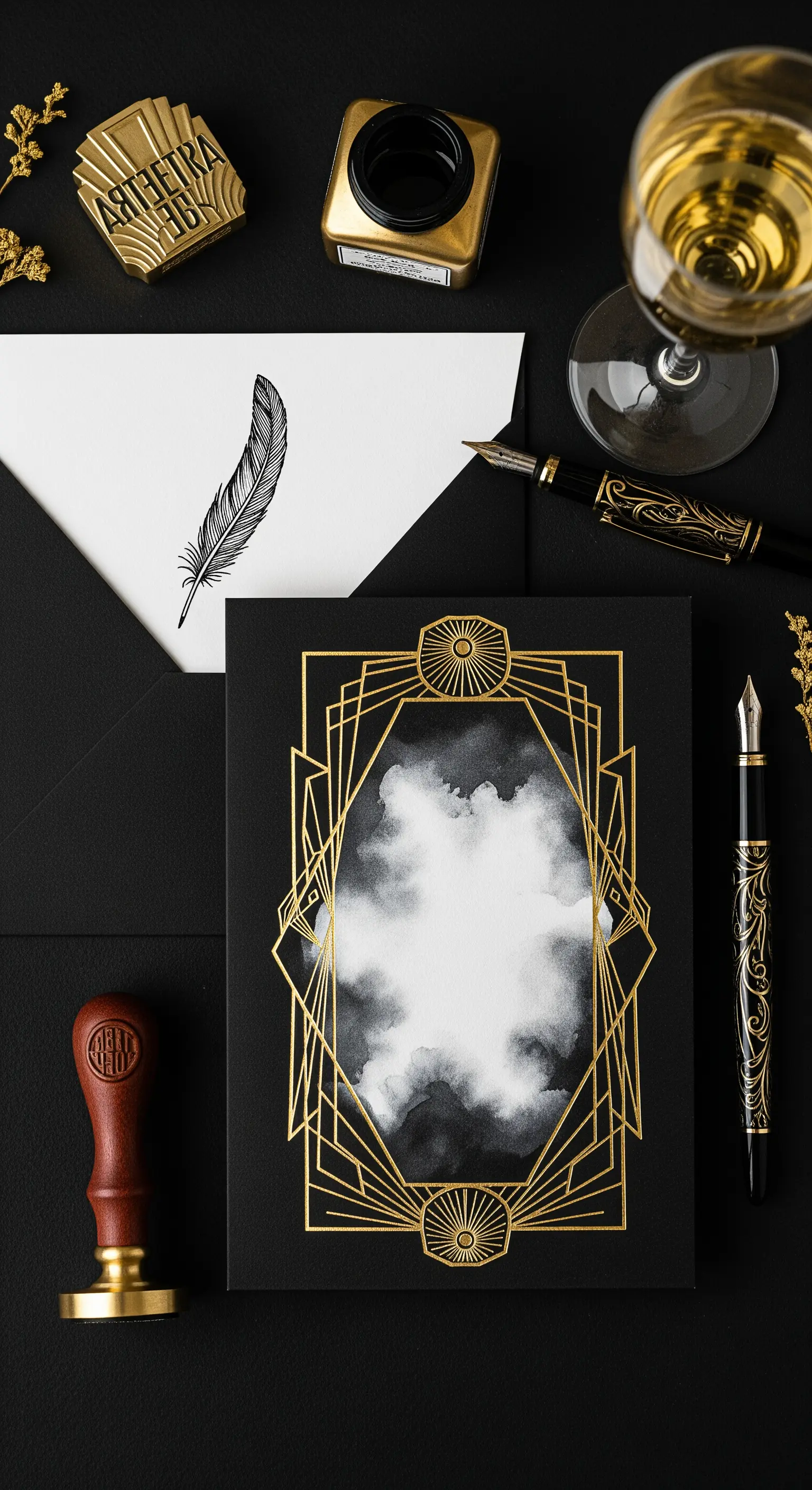 Invito nero in stile Art Déco con cornice dorata in rilievo e macchia di inchiostro centrale.