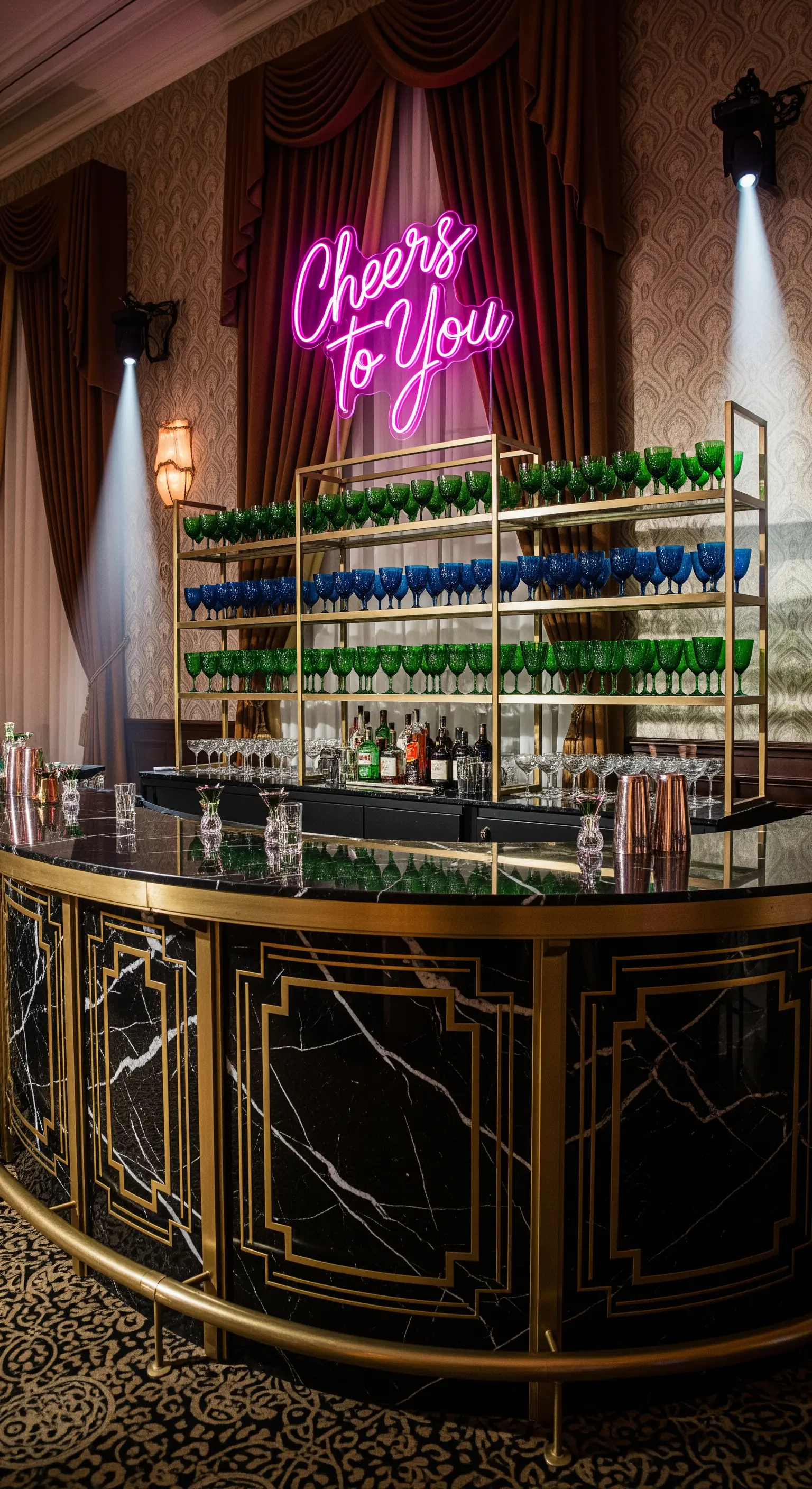 Cocktail bar in stile Art Déco con insegna al neon rosa e bicchieri colorati.