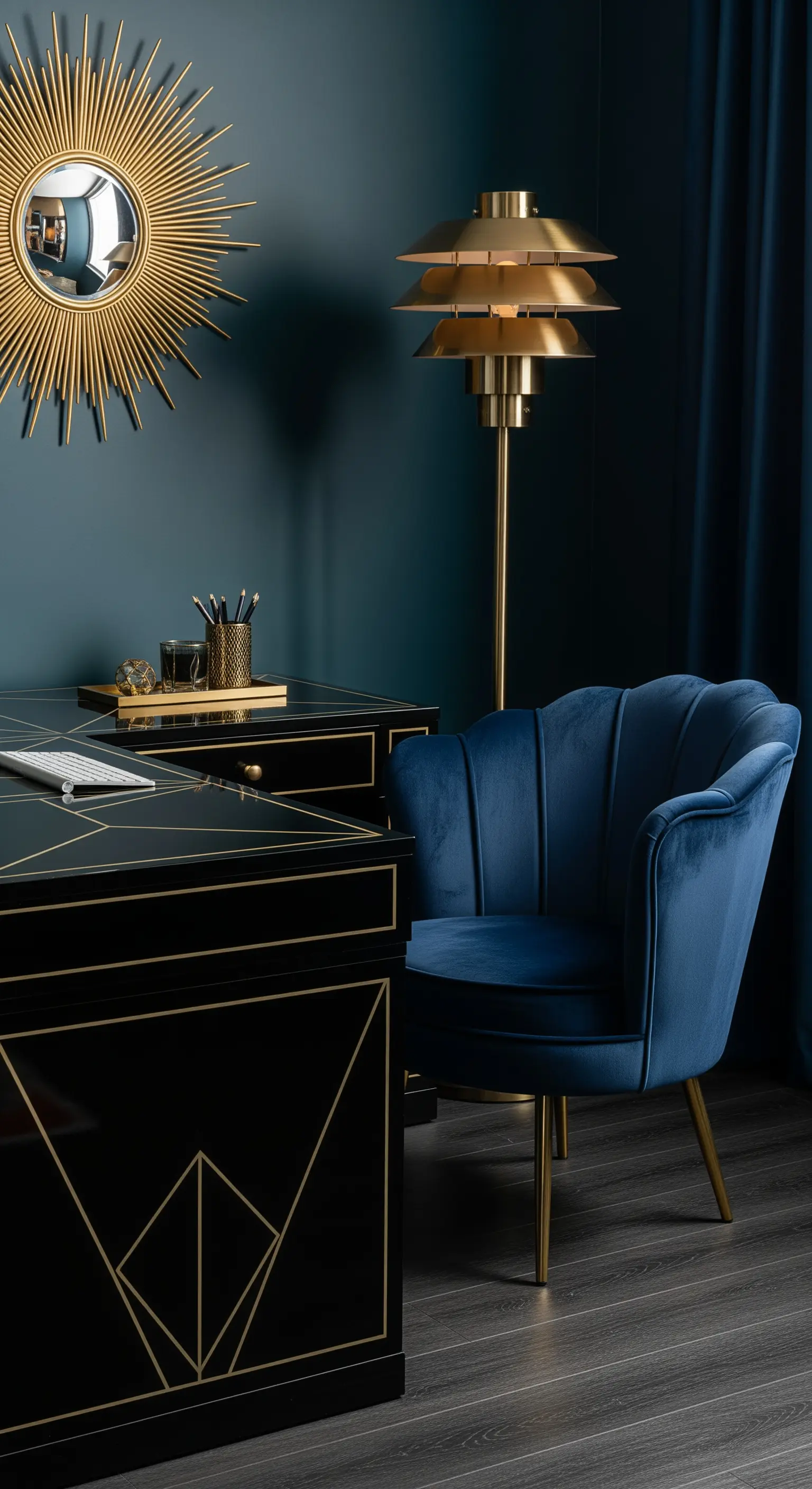 Scrivania nera con dettagli dorati, poltrona in velluto blu e specchio a raggiera.