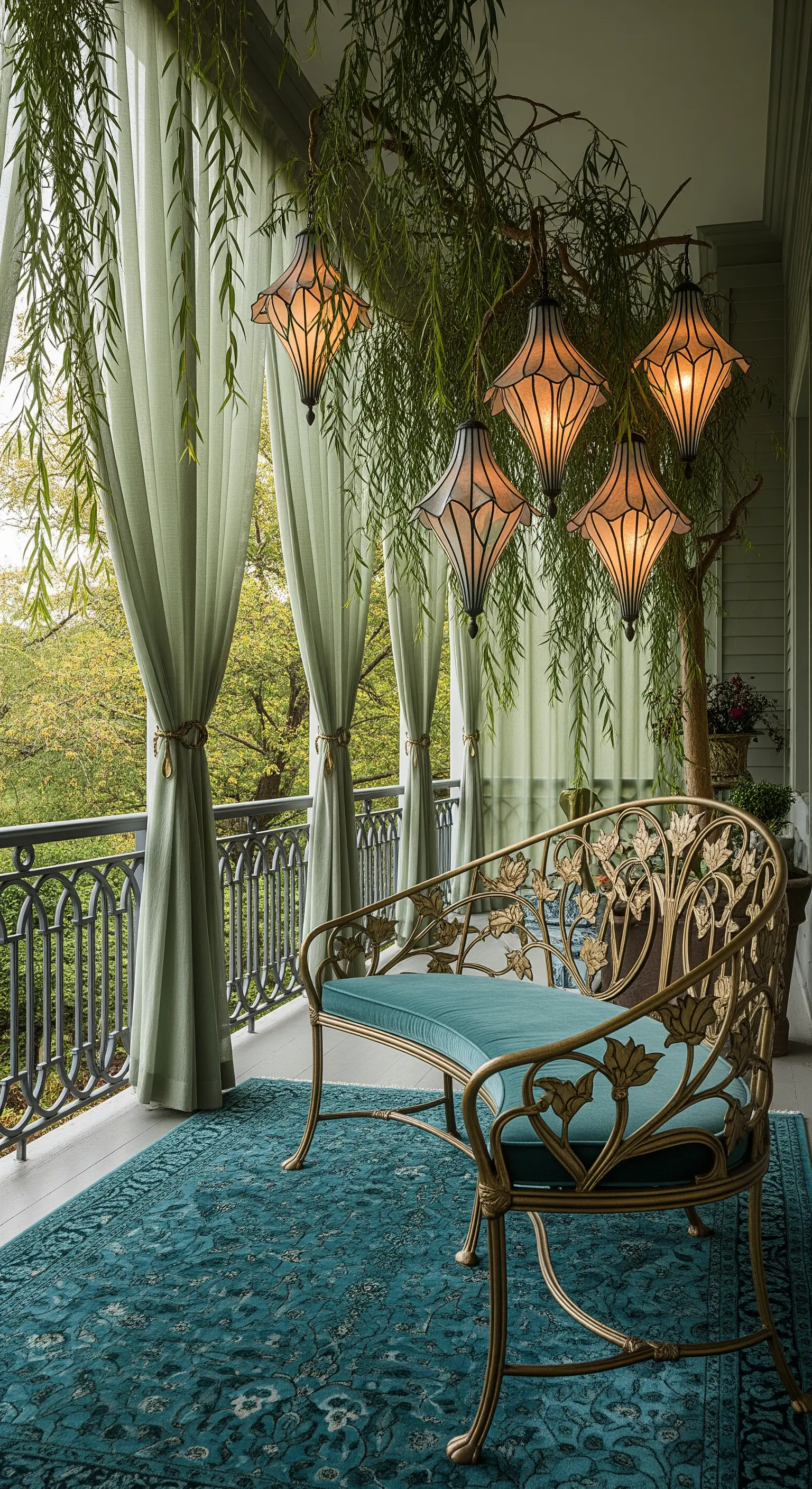 Balcone elegante con panca in ferro battuto dorato, tende verdi e tappeto persiano blu-verde