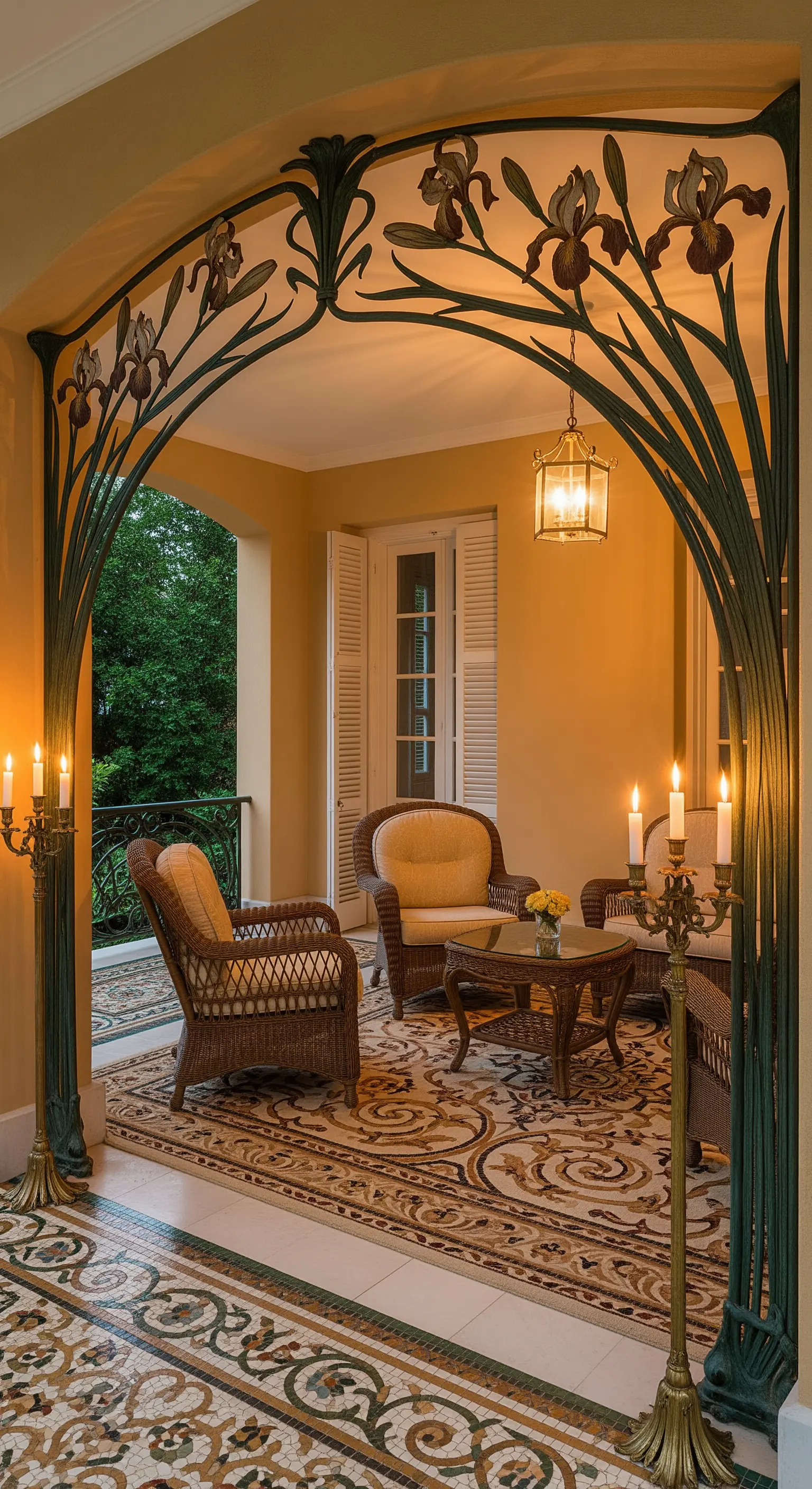 Portico Art Nouveau con arco in ferro decorato con iris e mobili in vimini.