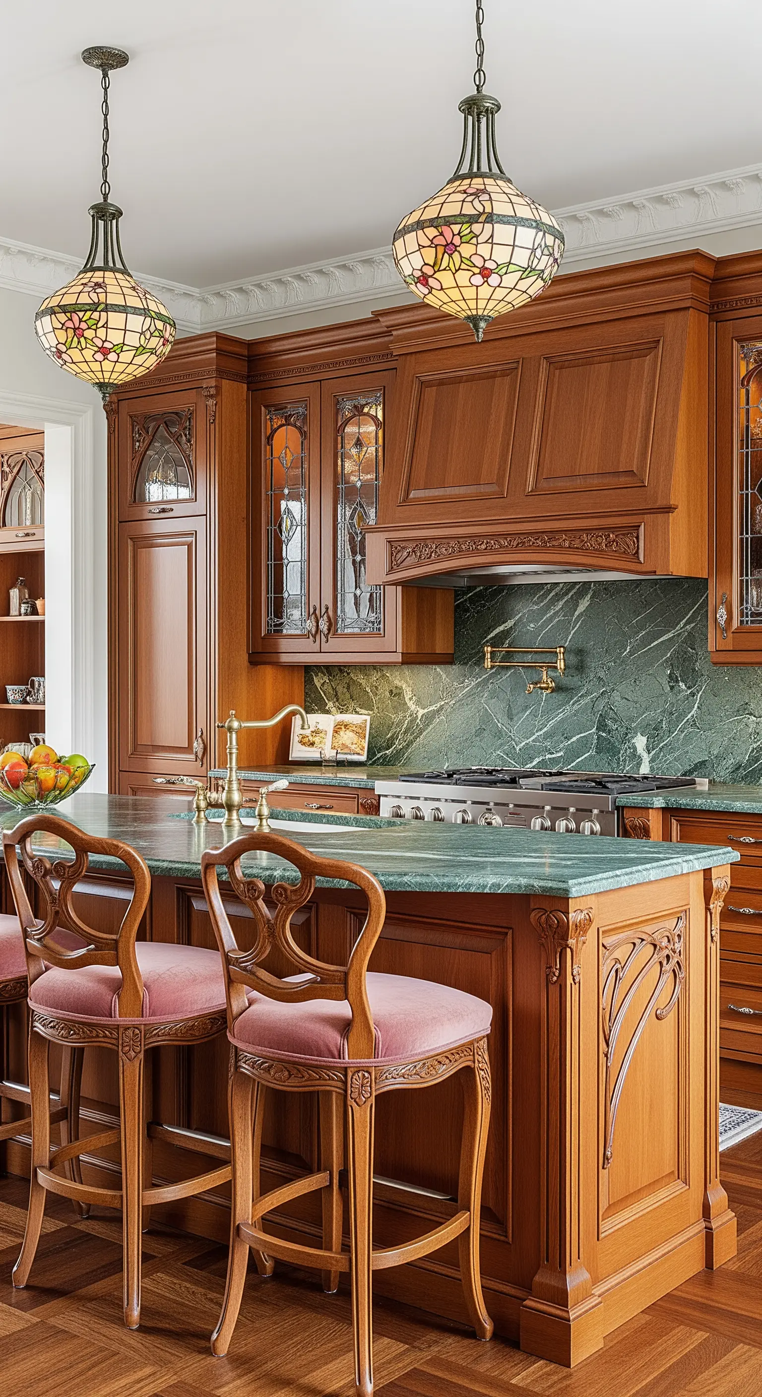 Cucina in stile Art Nouveau con mobili in legno intagliato, piano in marmo verde e sgabelli rosa