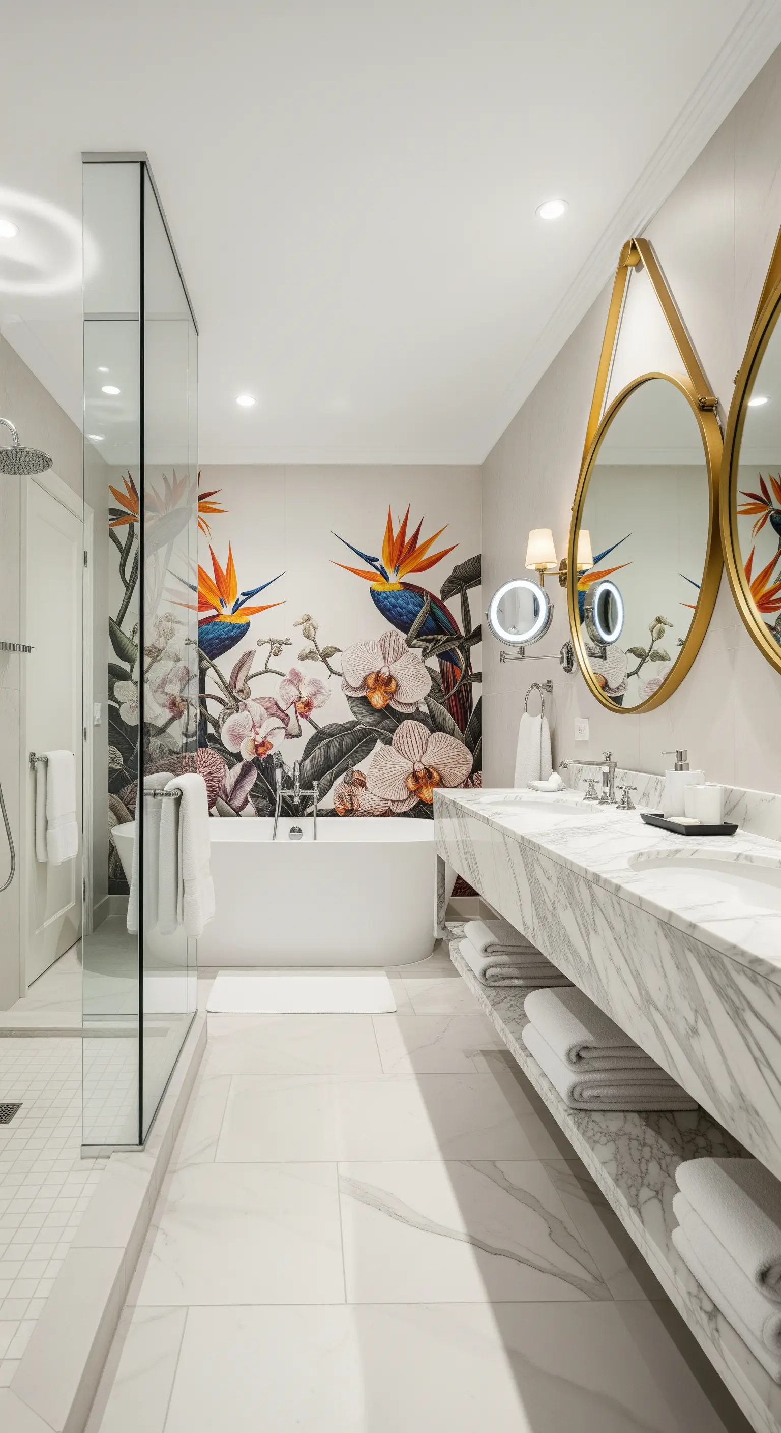 Bagno in marmo bianco con murale floreale dietro la vasca e doppi specchi dorati.