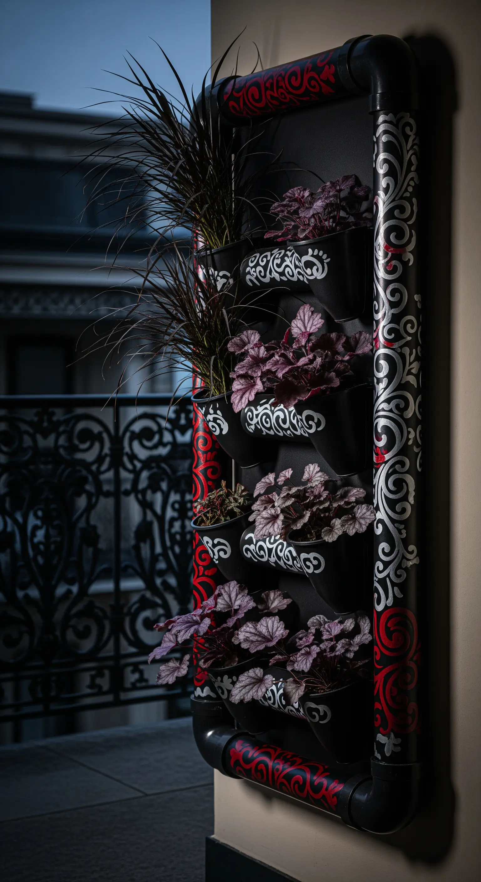 Fioriera nera con decorazioni ornamentali bianche e rosse in stile barocco.