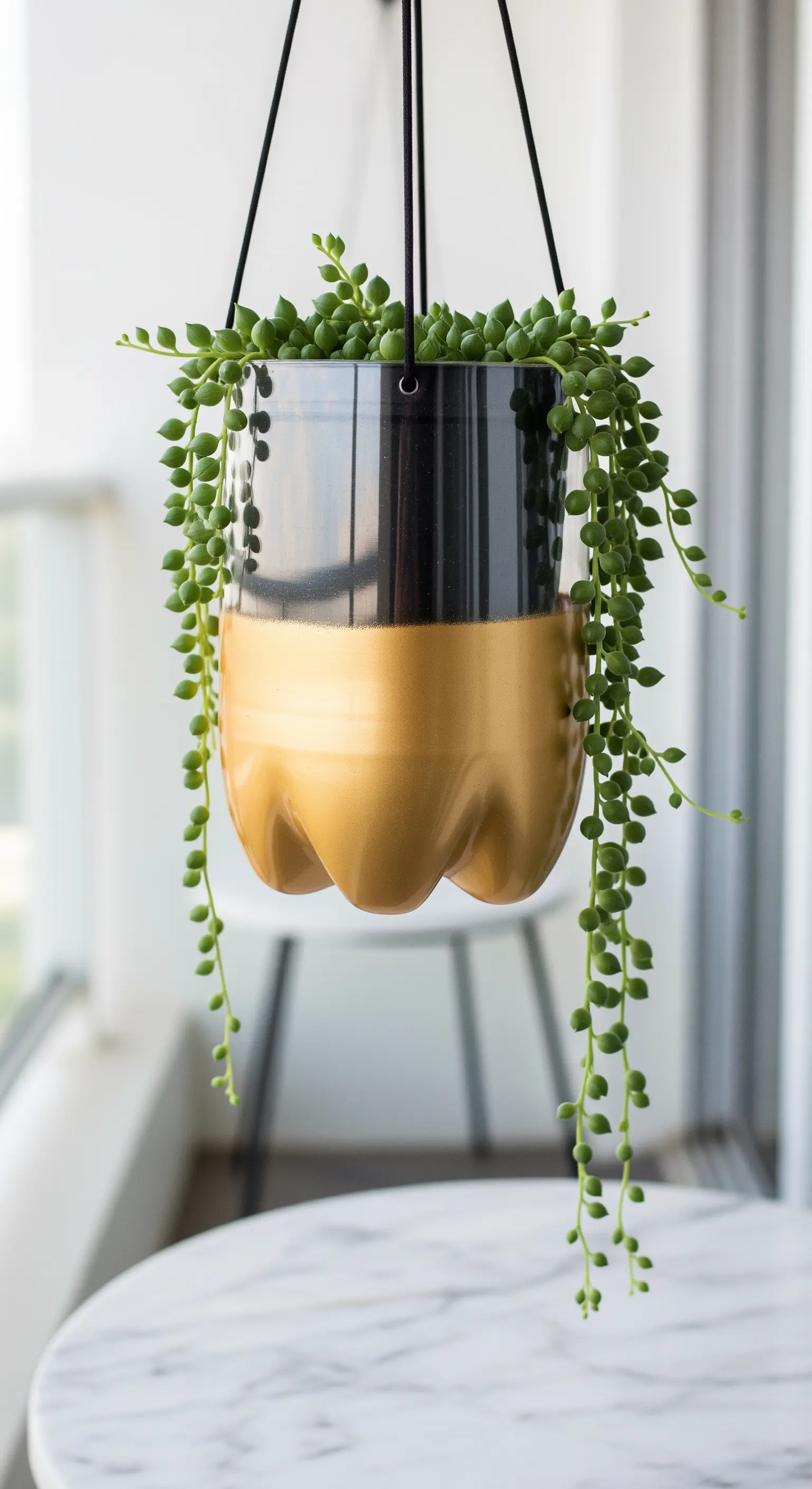 Fioriera sospesa bicolore, con la parte inferiore dorata e quella superiore nera lucida.