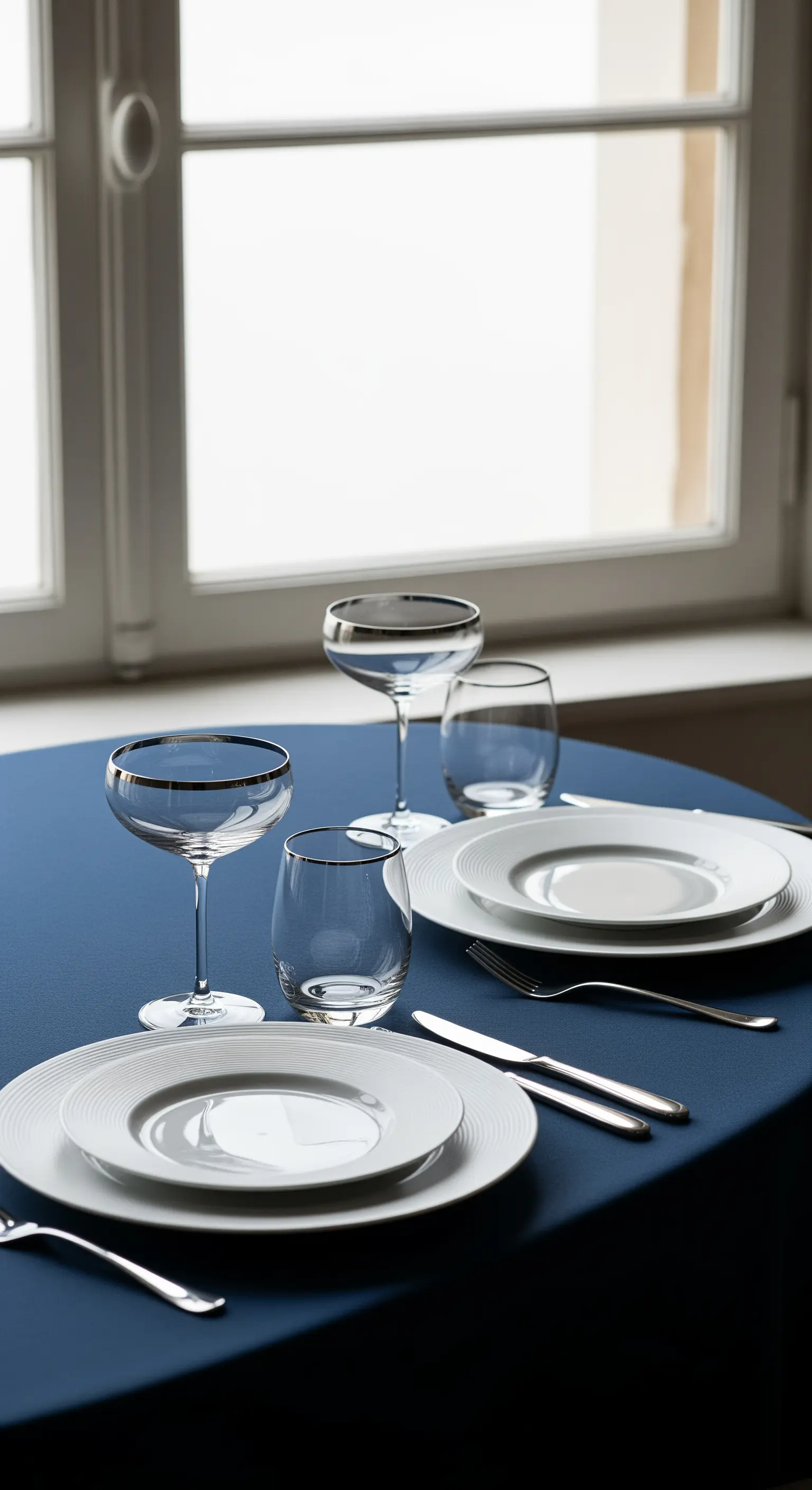 Tavola formale con tovaglia blu navy, piatti bianchi e bicchieri bordati d'argento