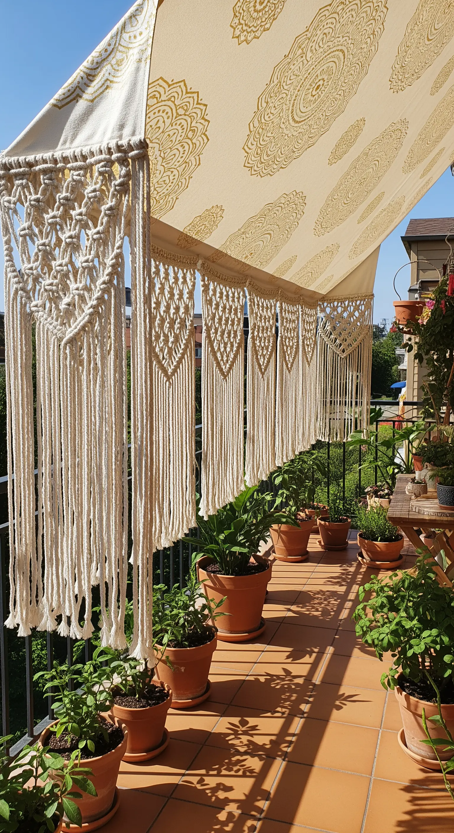 Tenda da sole beige con stampa dorata e frange decorative in macramè fatte a mano.