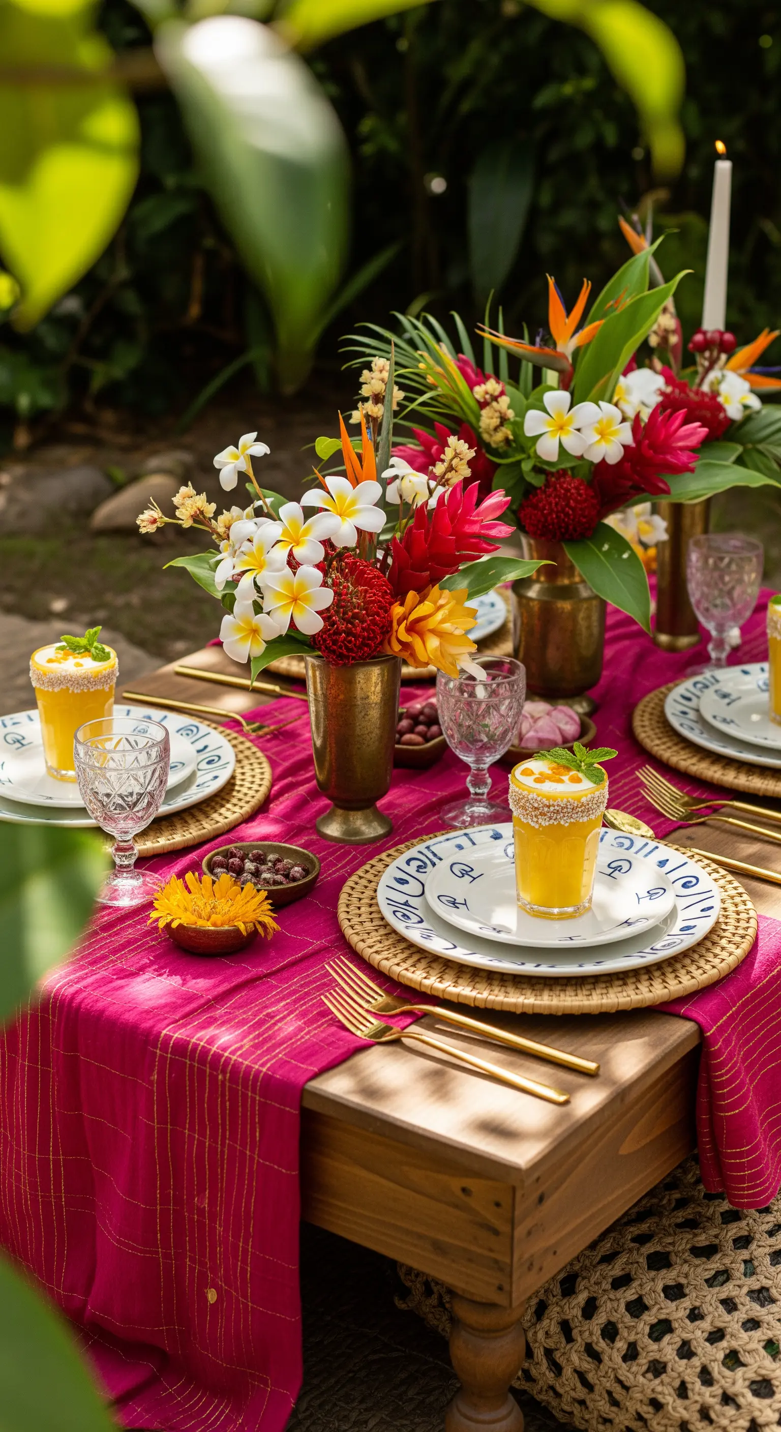 Tavola bassa con tovaglia fucsia, fiori esotici, piatti decorati e posate dorate.