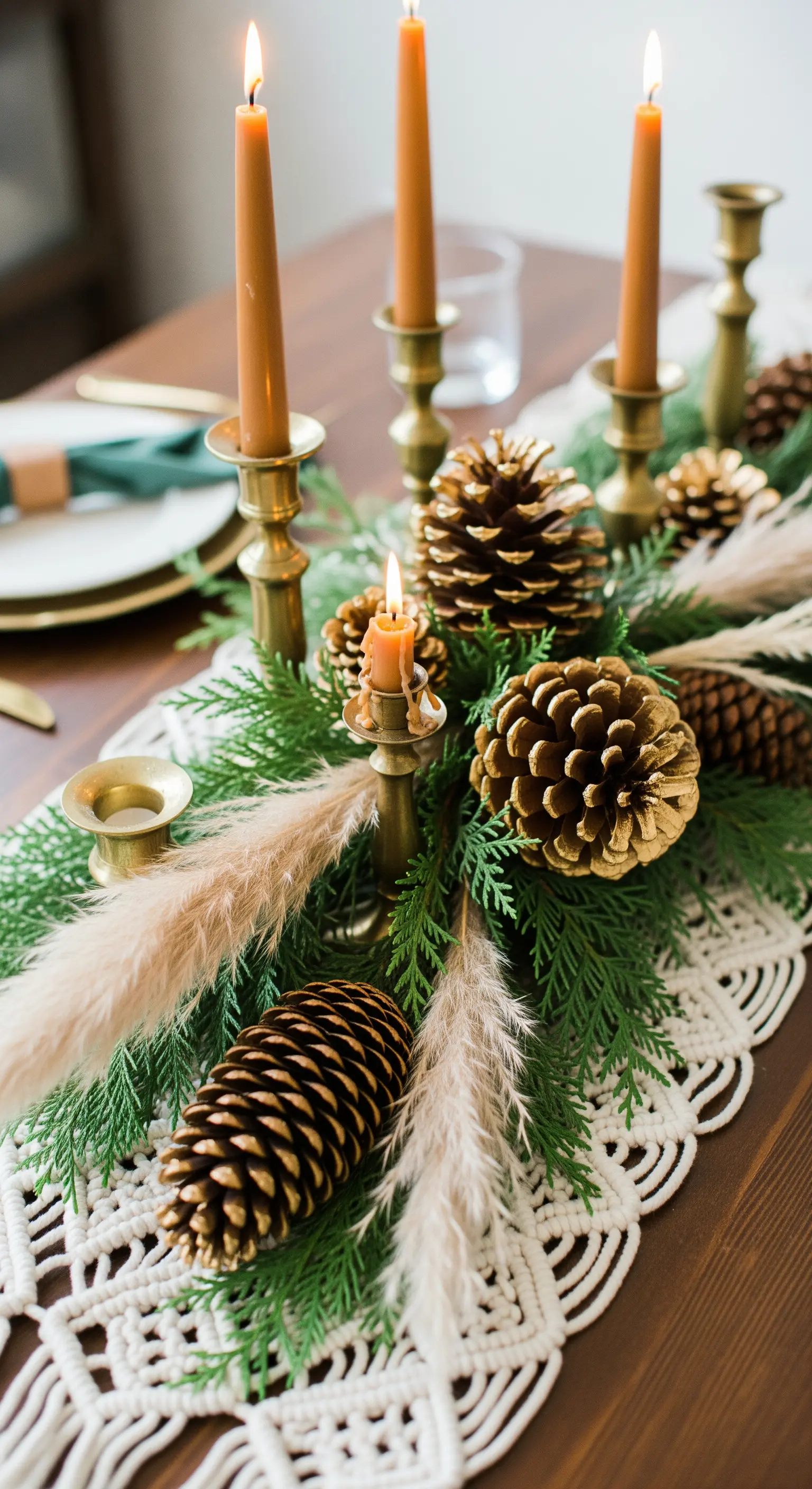 Centrotavola boho con pampas, pigne dorate e candele ocra su runner in macramè.