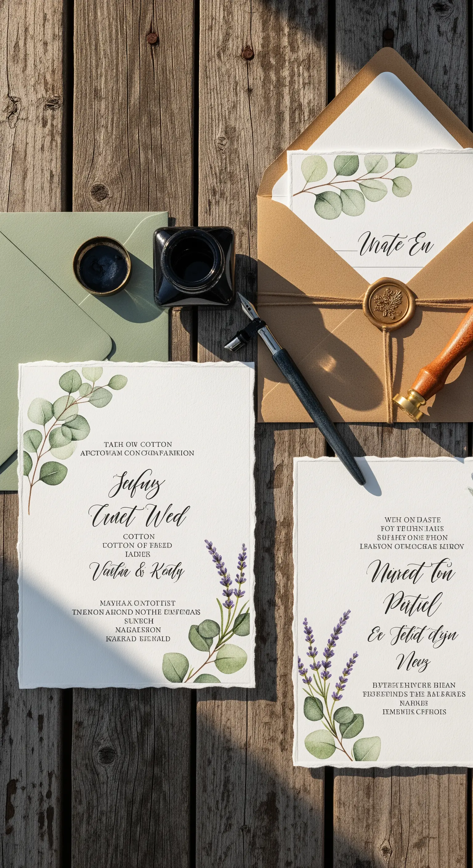 Invito nuziale con eucalipto, lavanda e sigillo in ceralacca su tavolo di legno.