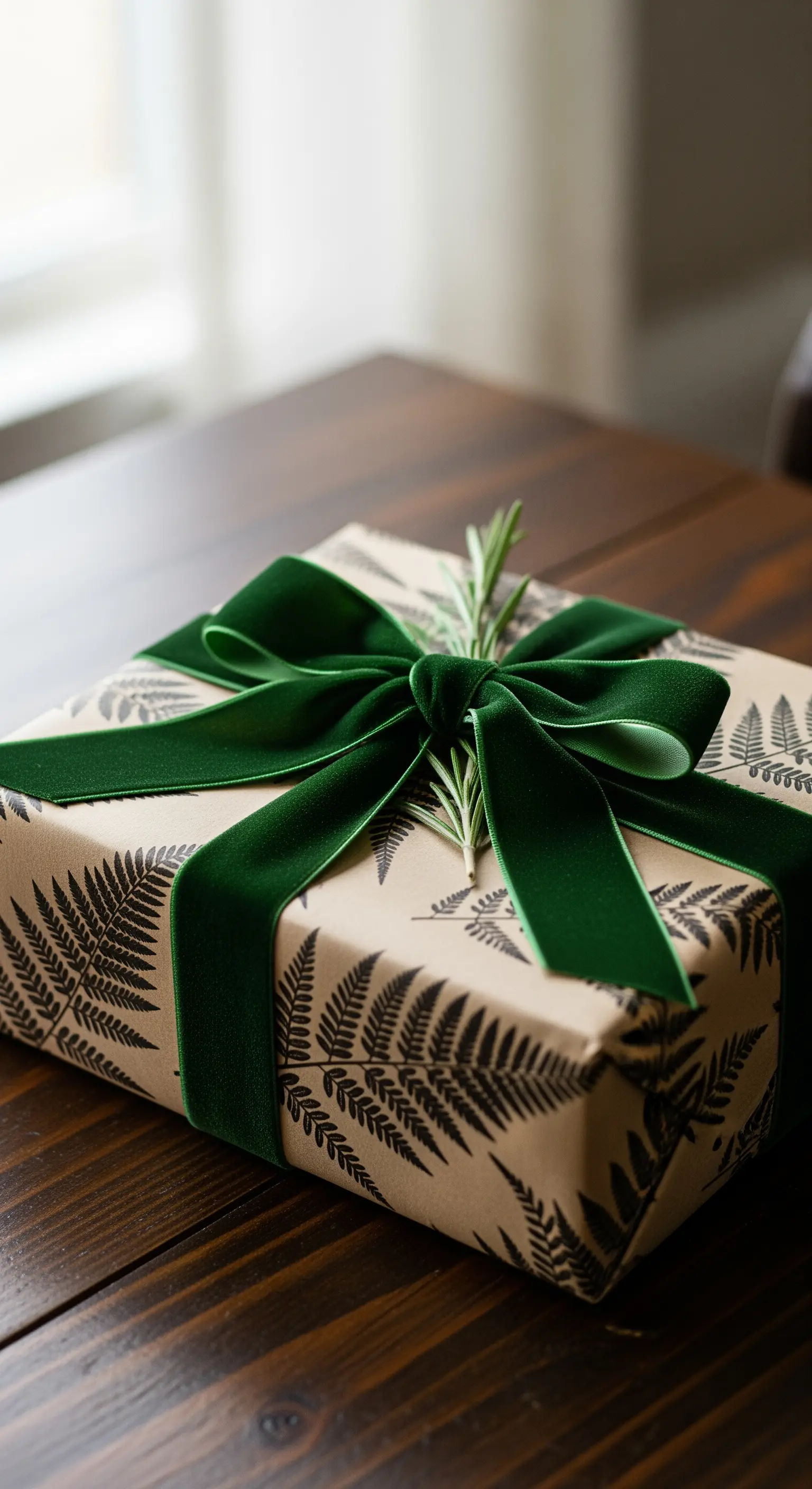 Pacco regalo con carta kraft a tema felce, nastro in velluto verde e un rametto di rosmarino.