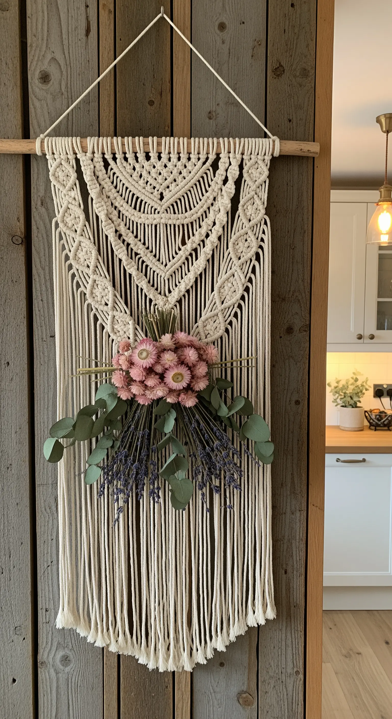 Arazzo in macramè color avorio su una porta in legno, decorato con un bouquet di fiori secchi.