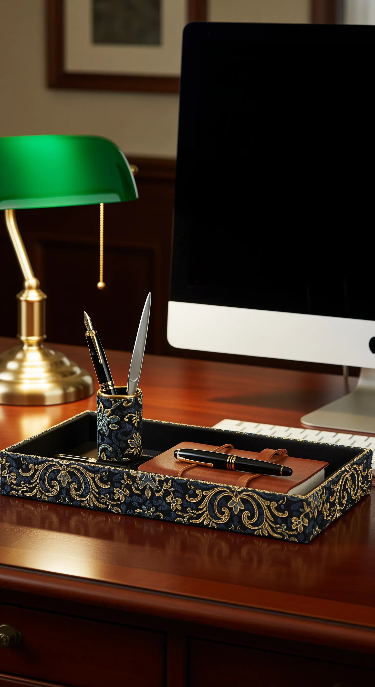 Set da scrivania, vassoio e portapenne, rivestito in tessuto broccato blu e oro.