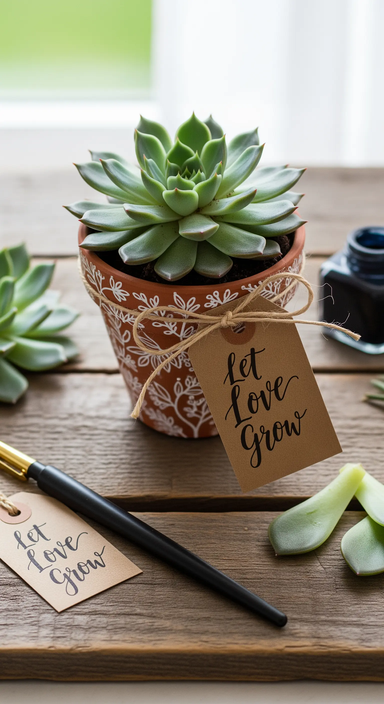 Vasetto di terracotta decorato con motivi floreali bianchi e etichetta calligrafata 