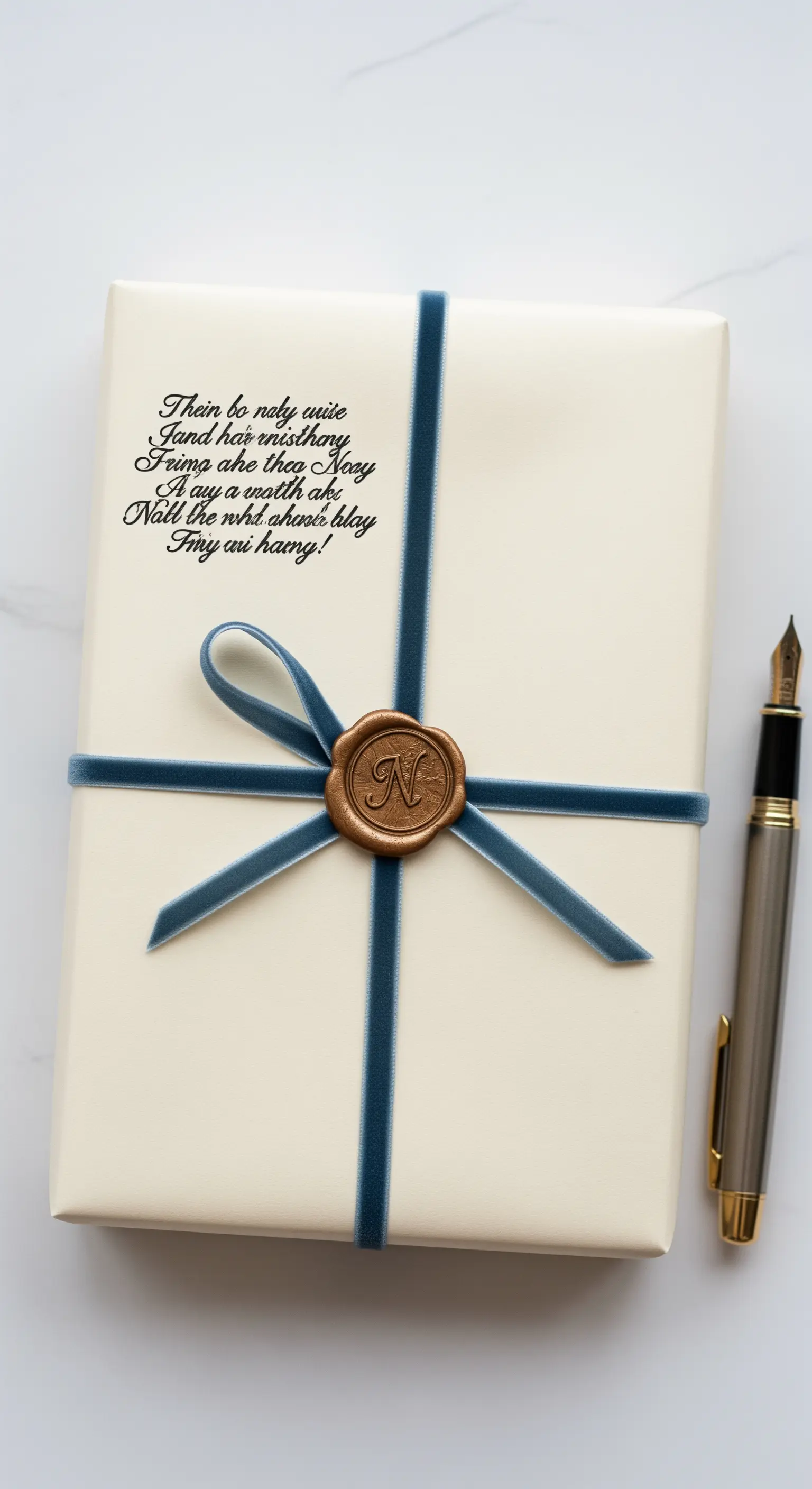 Regalo color avorio con una poesia stampata, nastro di velluto blu e sigillo in ceralacca.
