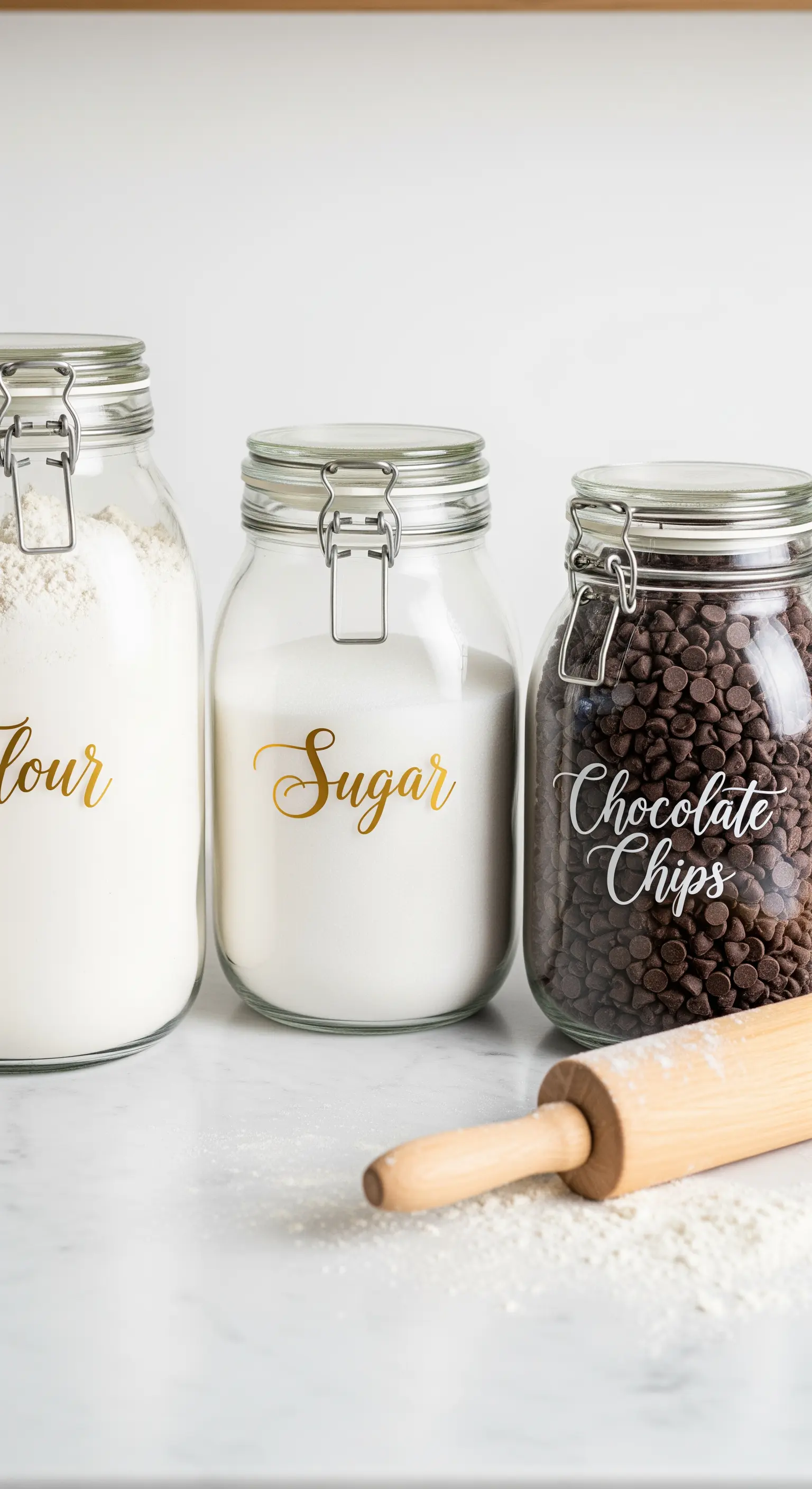 Barattoli di vetro con chiusura ermetica ed etichette dorate calligrafiche.